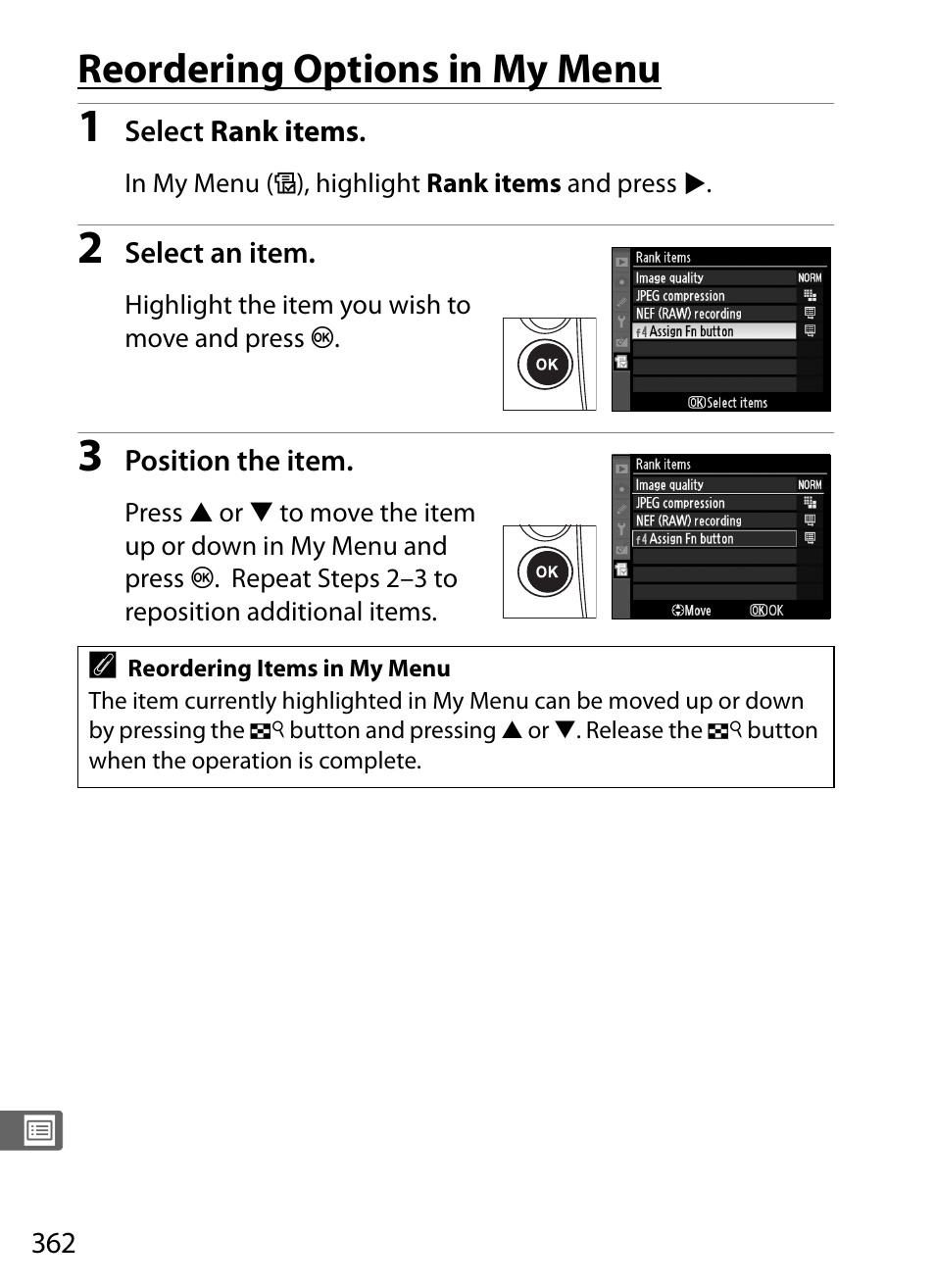 Reordering options in my menu | Nikon D3S User Manual | Page 388 / 460