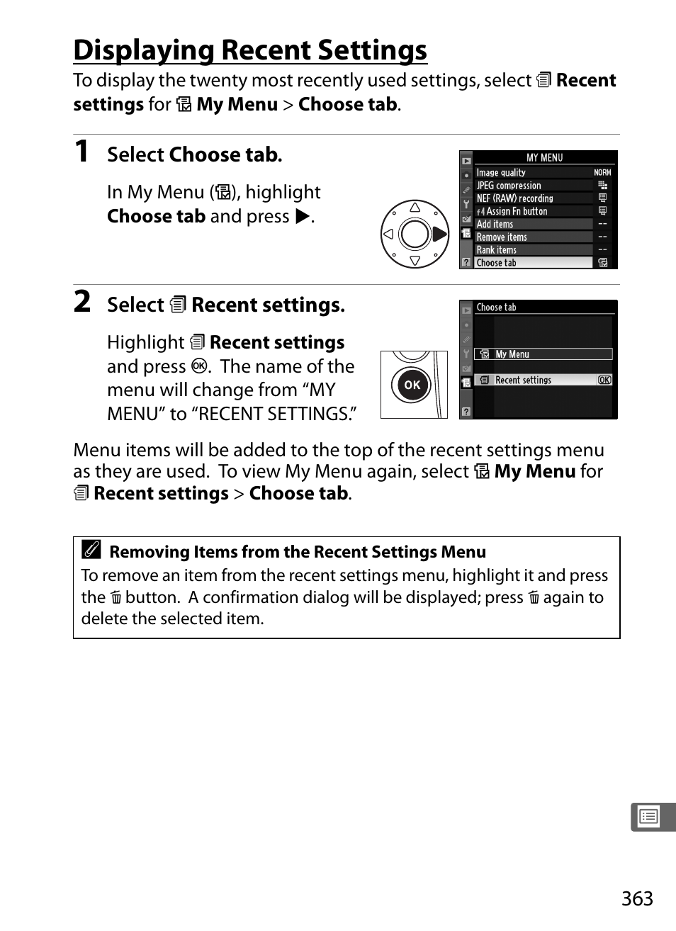 Displaying recent settings | Nikon D3S User Manual | Page 389 / 460