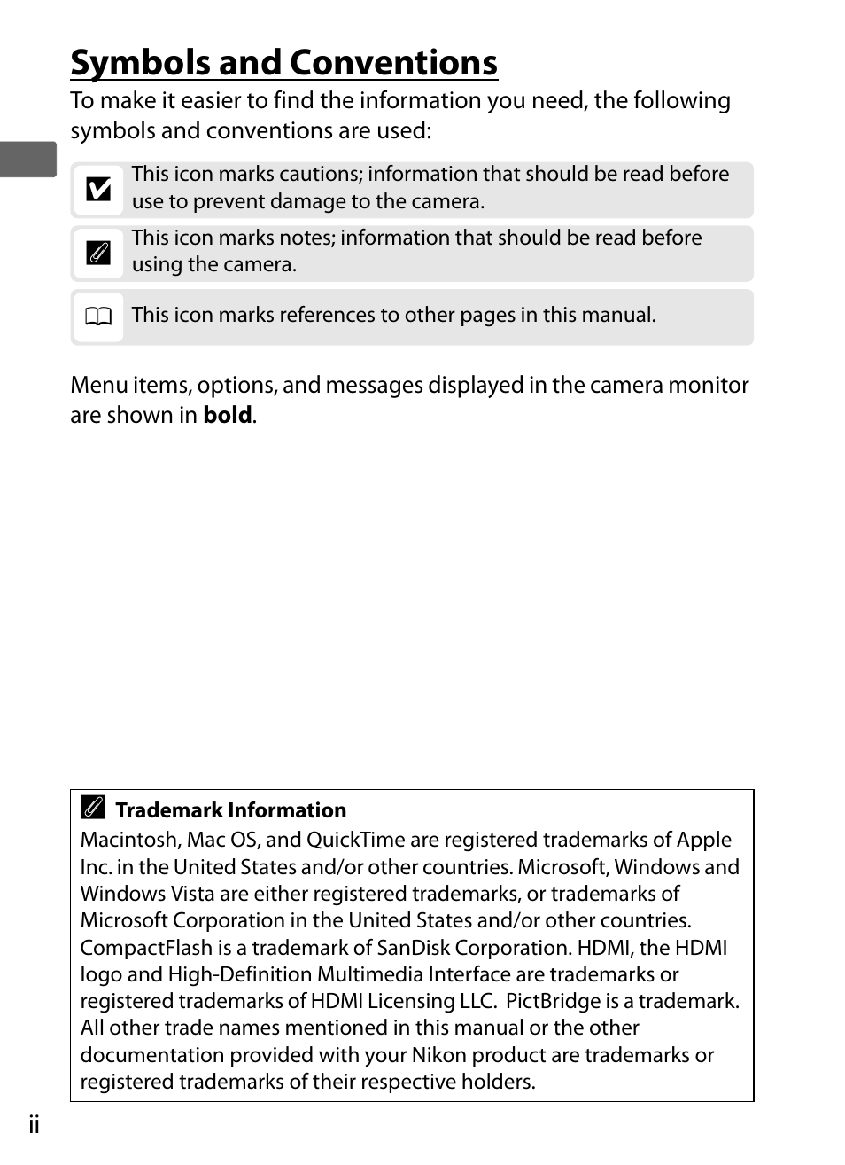 Symbols and conventions | Nikon D3S User Manual | Page 4 / 460