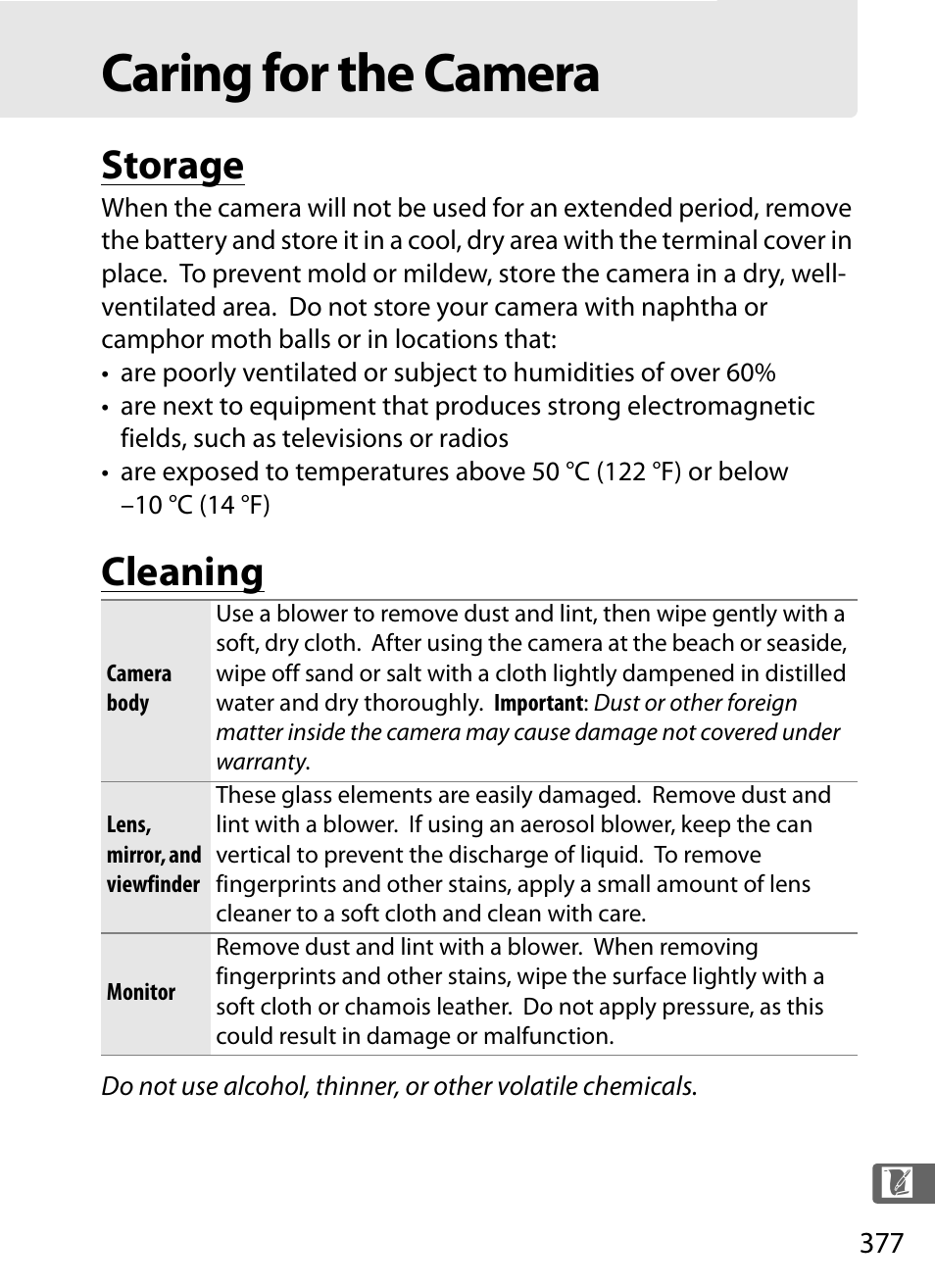 Caring for the camera, Storage, Cleaning | Nikon D3S User Manual | Page 403 / 460