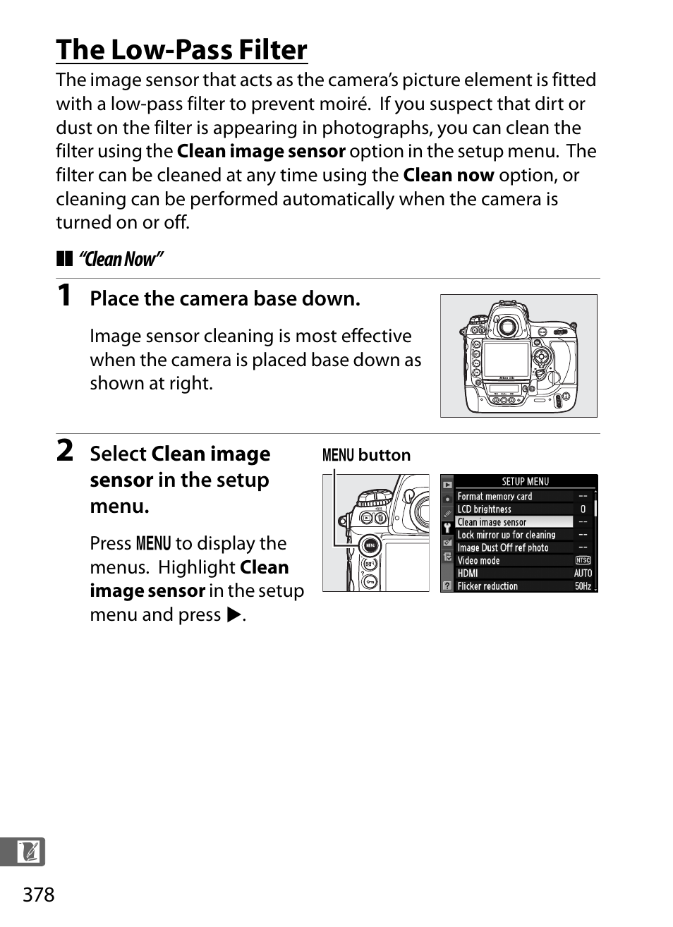 The low-pass filter, Clean now | Nikon D3S User Manual | Page 404 / 460