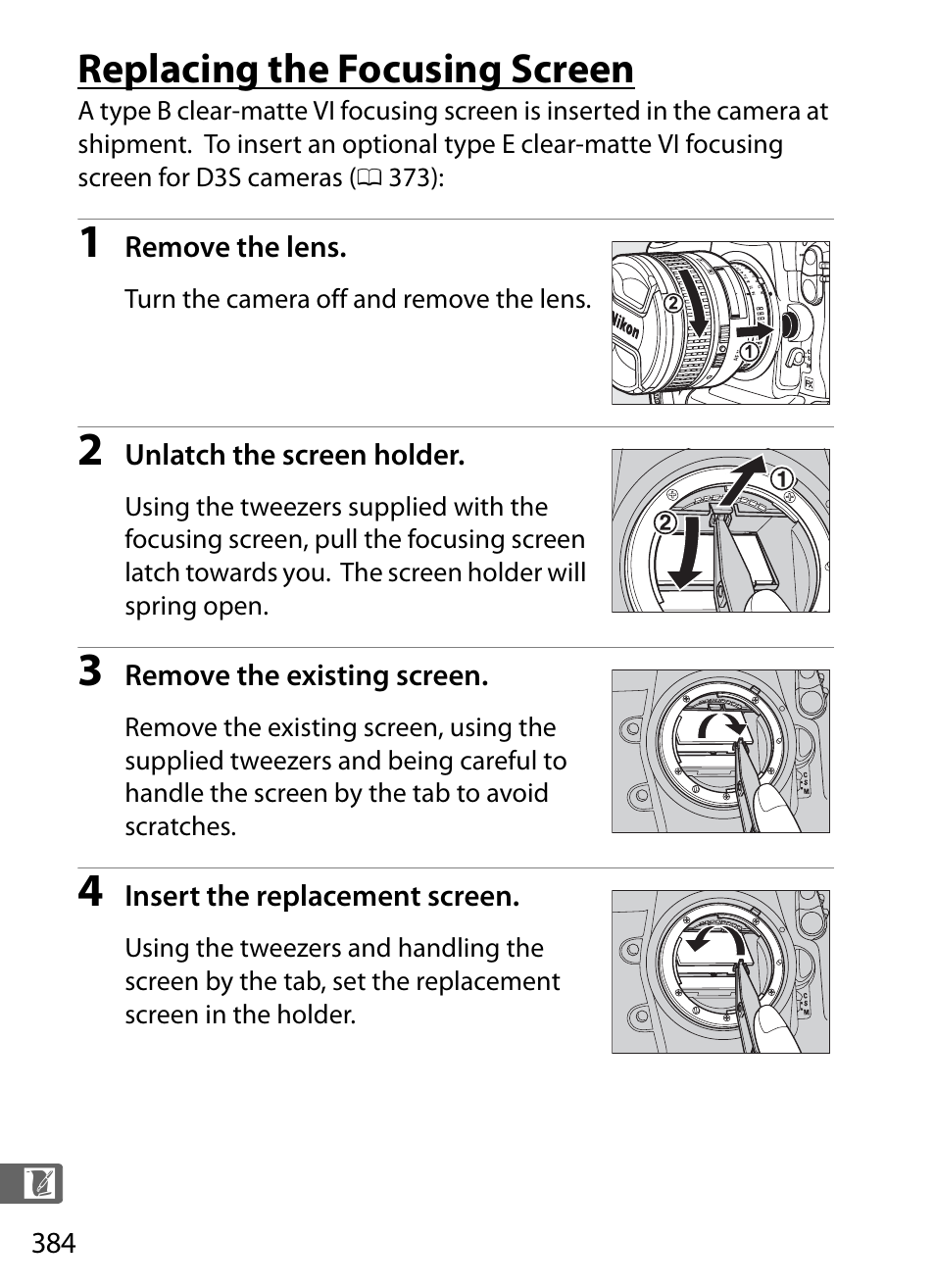 Replacing the focusing screen | Nikon D3S User Manual | Page 410 / 460
