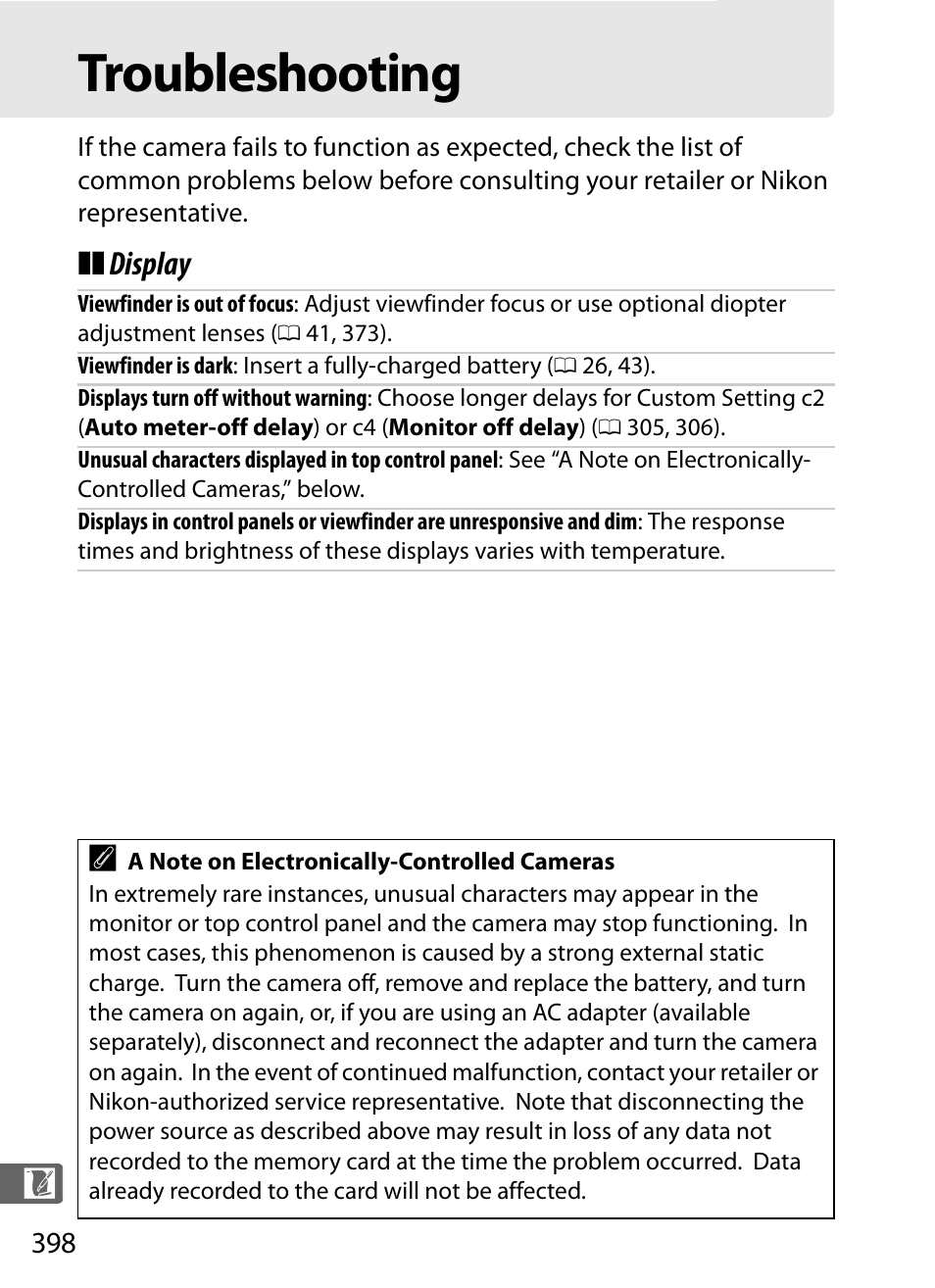 Troubleshooting, Display | Nikon D3S User Manual | Page 424 / 460