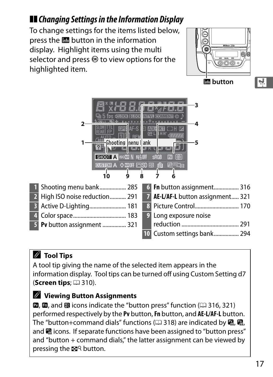 Changing settings in the information display | Nikon D3S User Manual | Page 43 / 460