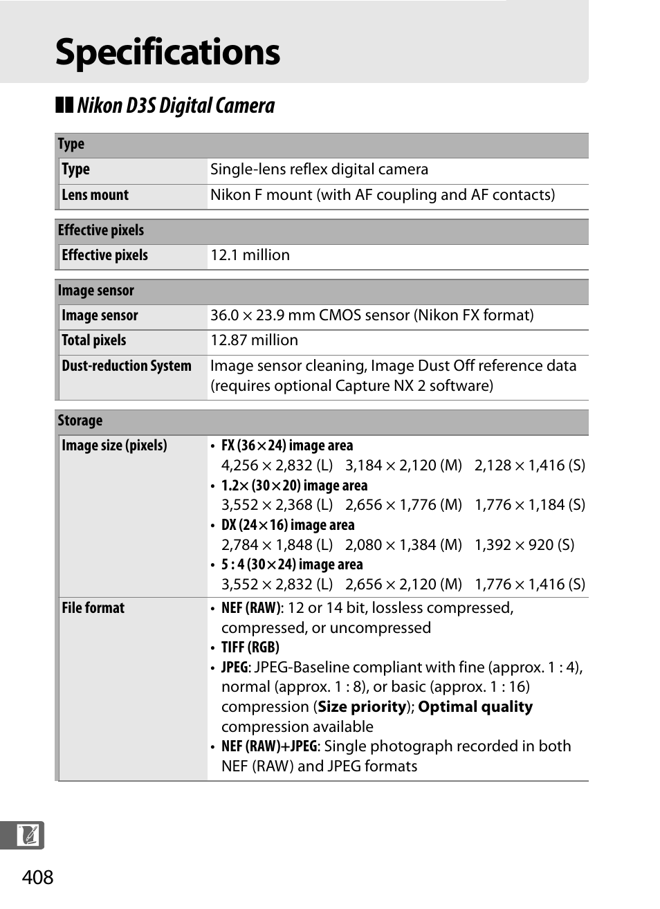 Specifications, Nikon d3s digital camera | Nikon D3S User Manual | Page 434 / 460