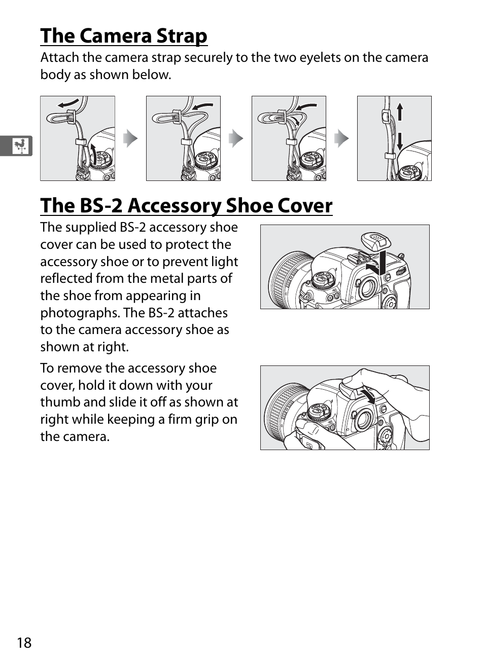 The camera strap, The bs-2 accessory shoe cover | Nikon D3S User Manual | Page 44 / 460