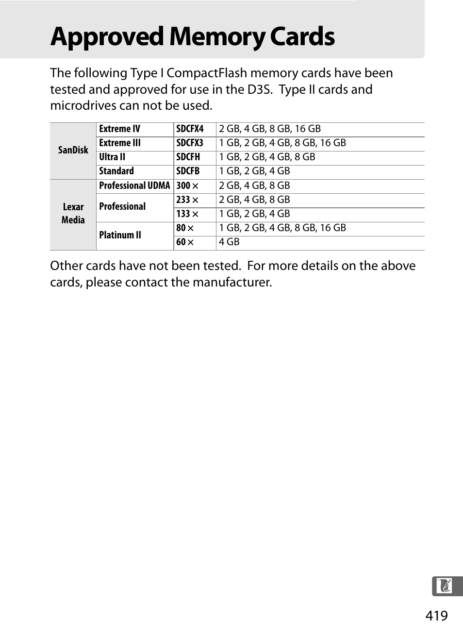 Approved memory cards | Nikon D3S User Manual | Page 445 / 460