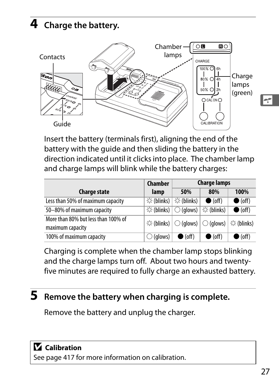 Charge the battery, Remove the battery when charging is complete | Nikon D3S User Manual | Page 53 / 460