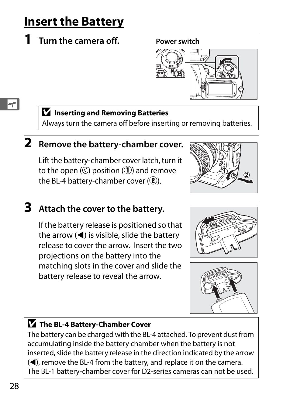 Insert the battery | Nikon D3S User Manual | Page 54 / 460