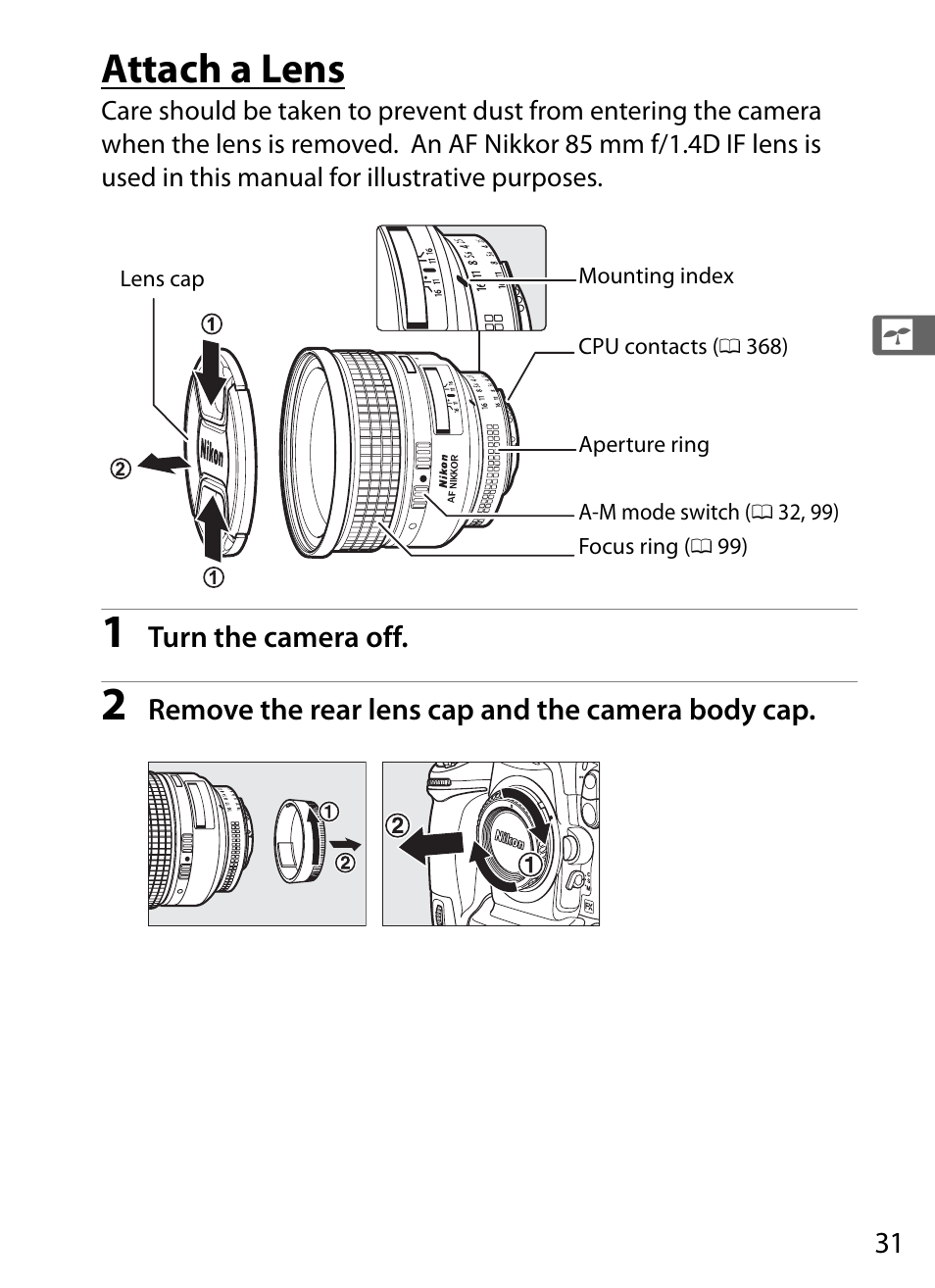 Attach a lens | Nikon D3S User Manual | Page 57 / 460