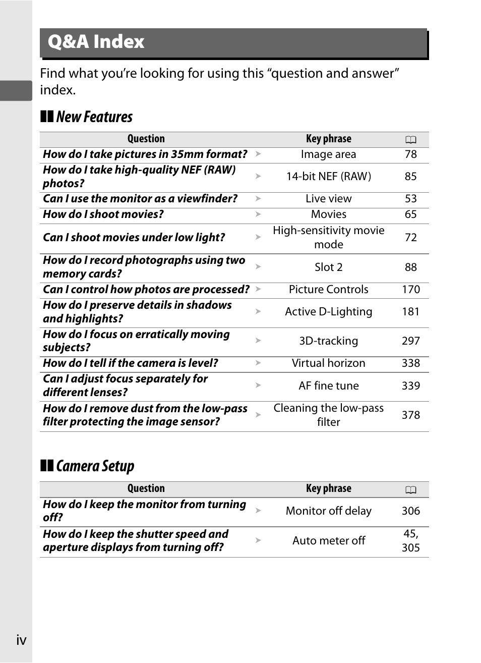 Q&a index, New features ❚❚ camera setup | Nikon D3S User Manual | Page 6 / 460