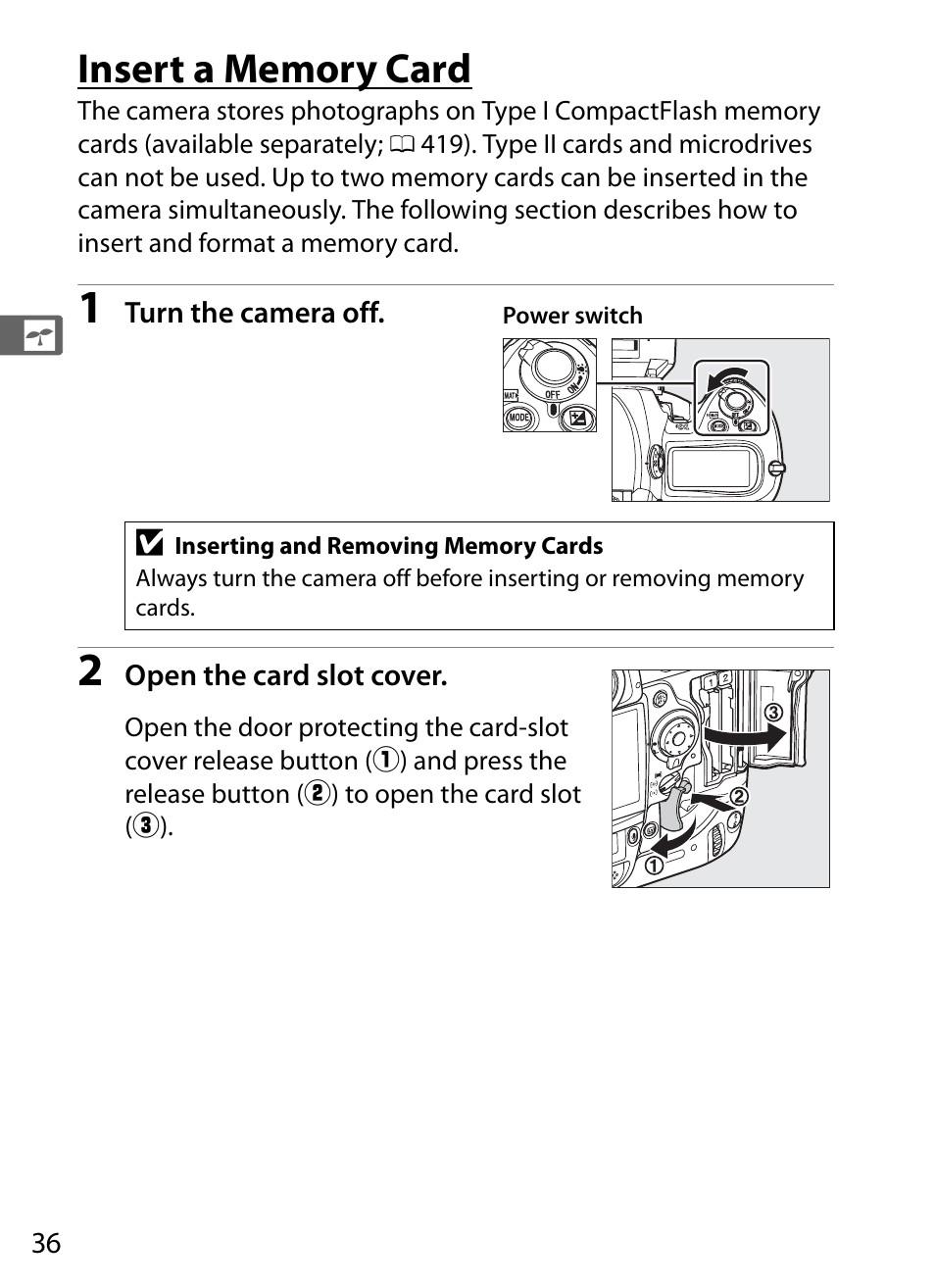 Insert a memory card | Nikon D3S User Manual | Page 62 / 460