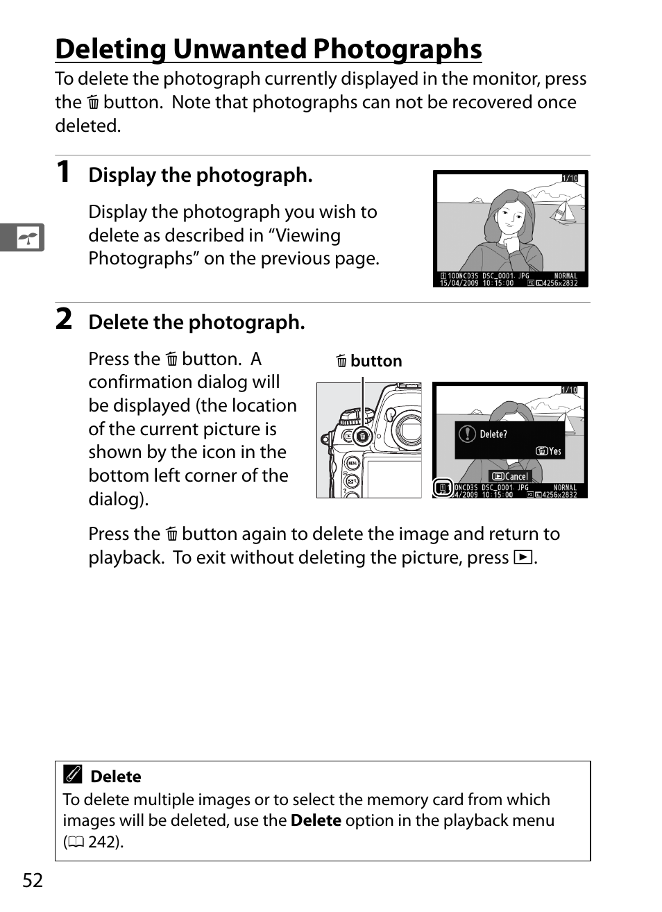 Deleting unwanted photographs | Nikon D3S User Manual | Page 78 / 460