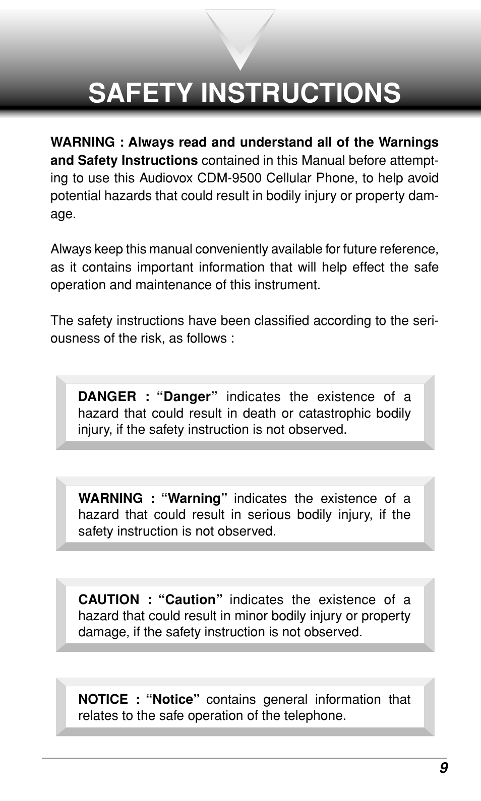 Safety instructions | Audiovox CDM9500 User Manual | Page 10 / 145