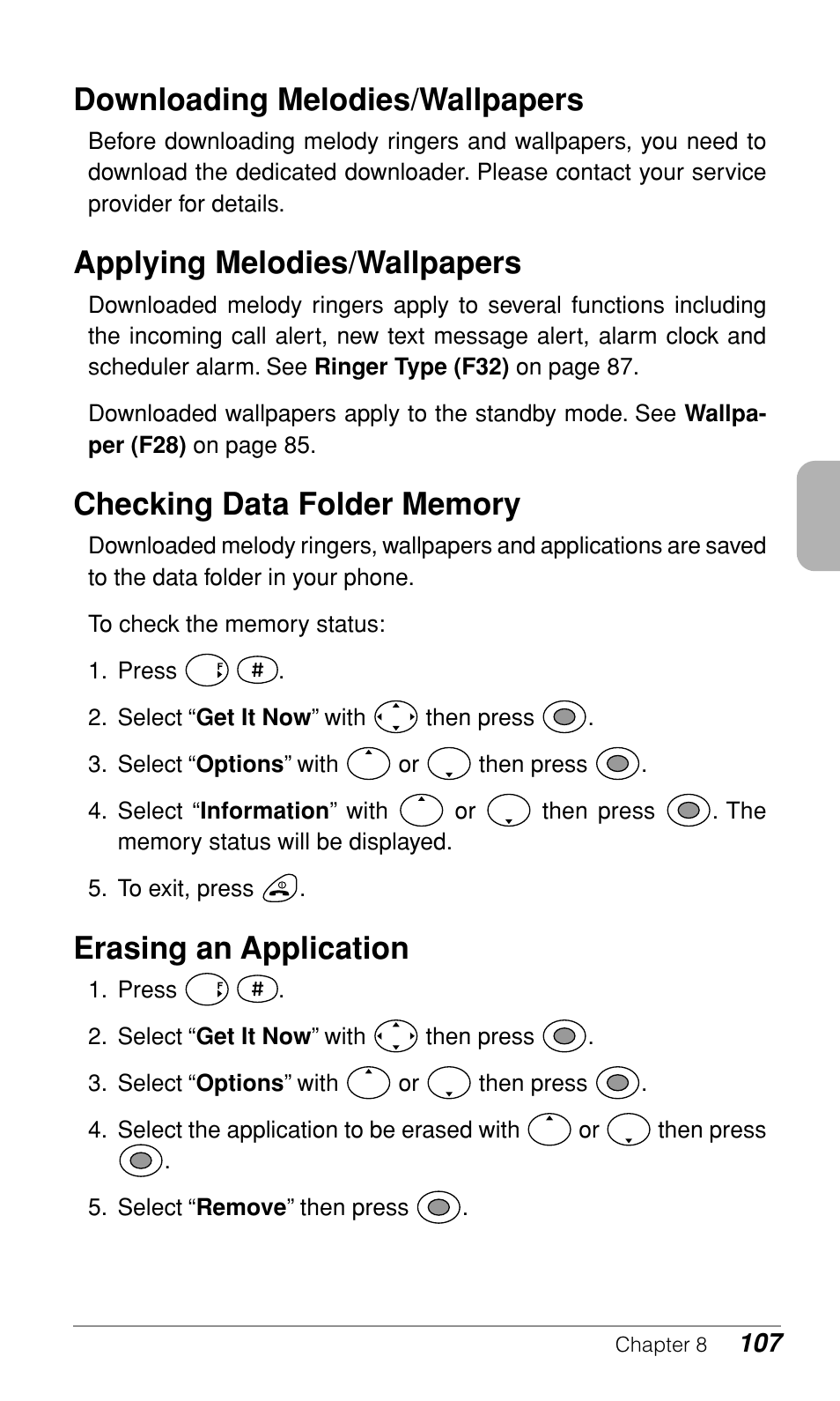 Downloading melodies/wallpapers, Applying melodies/wallpapers, Erasing an application | Audiovox CDM9500 User Manual | Page 108 / 145