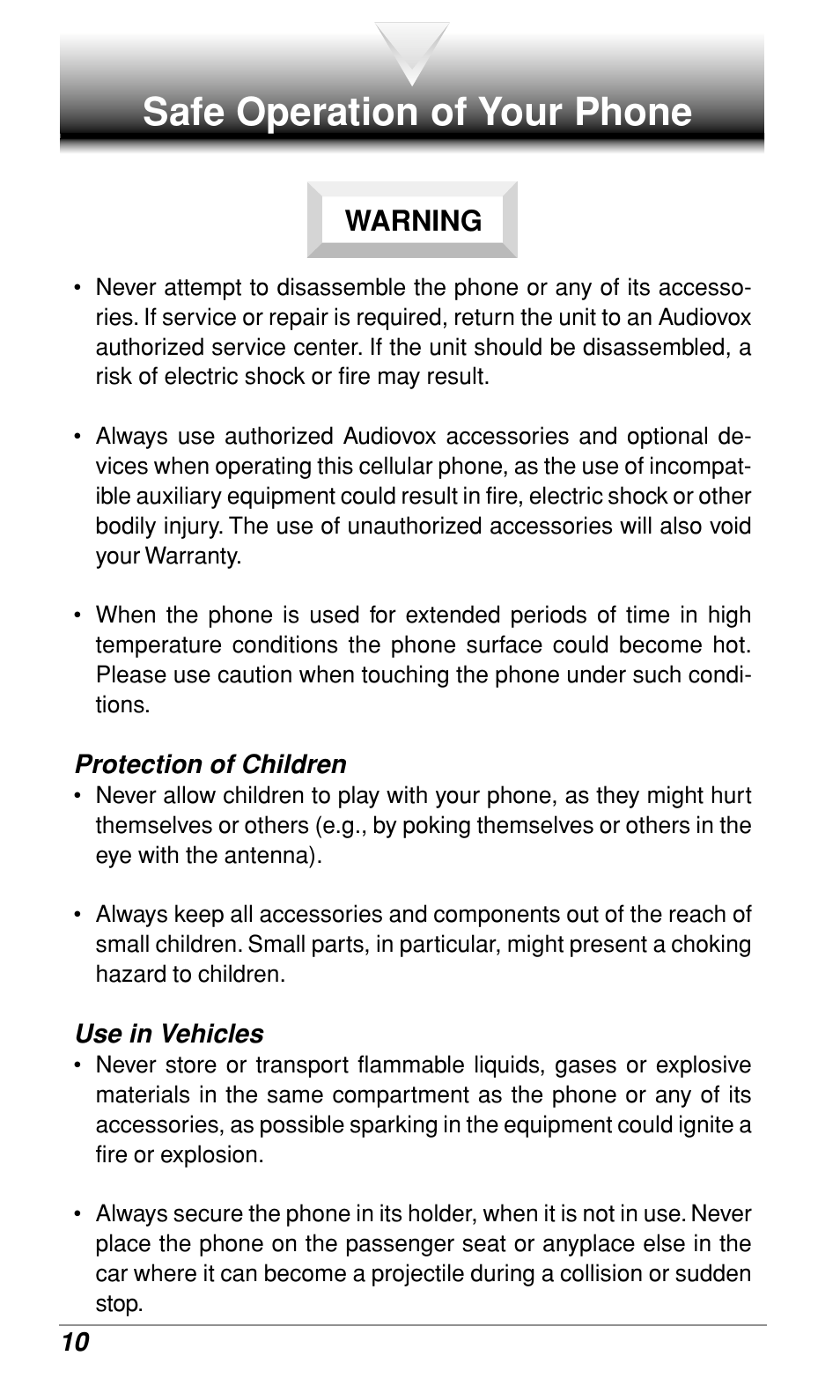 Safe operation of your phone, Warning | Audiovox CDM9500 User Manual | Page 11 / 145