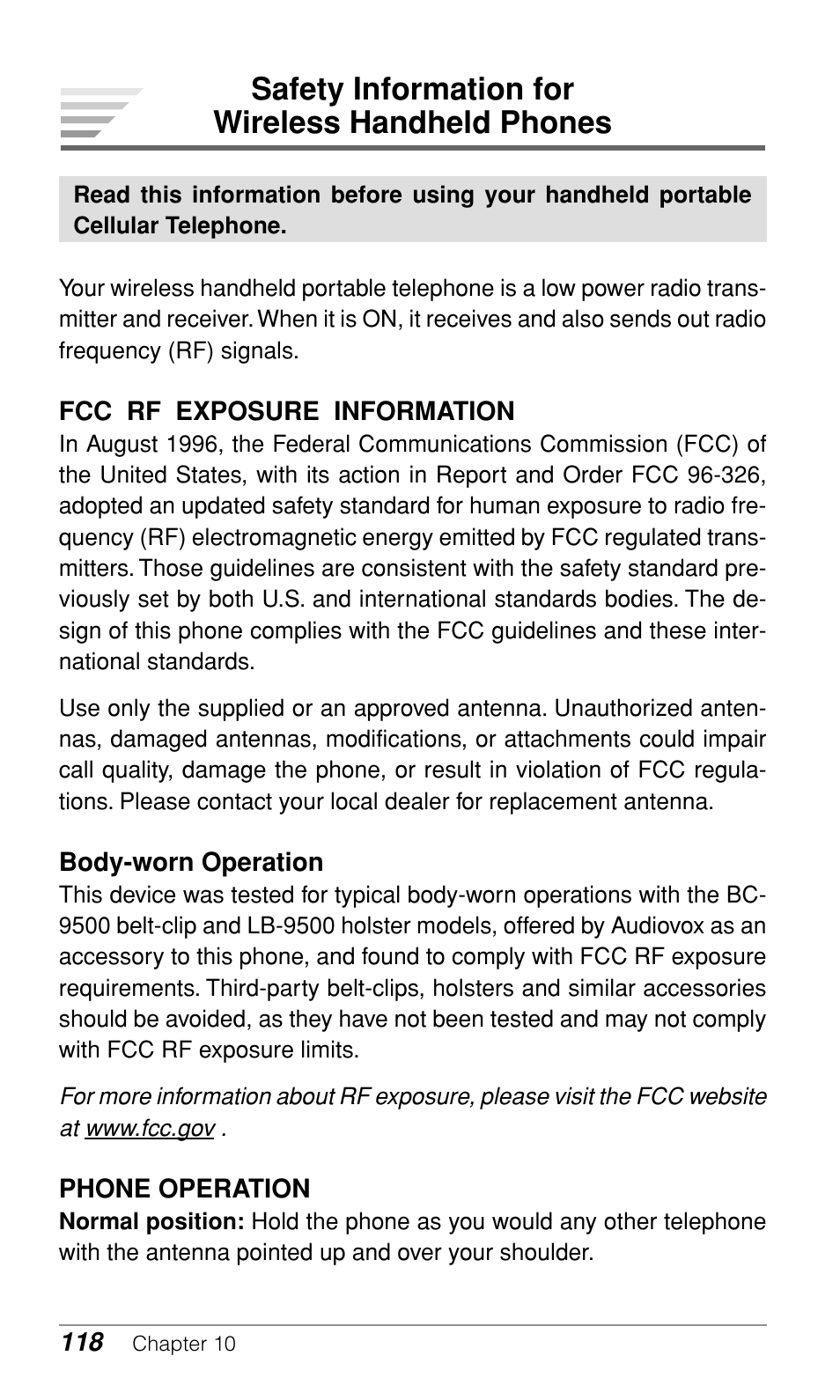 Safety information for wireless handheld phones | Audiovox CDM9500 User Manual | Page 119 / 145
