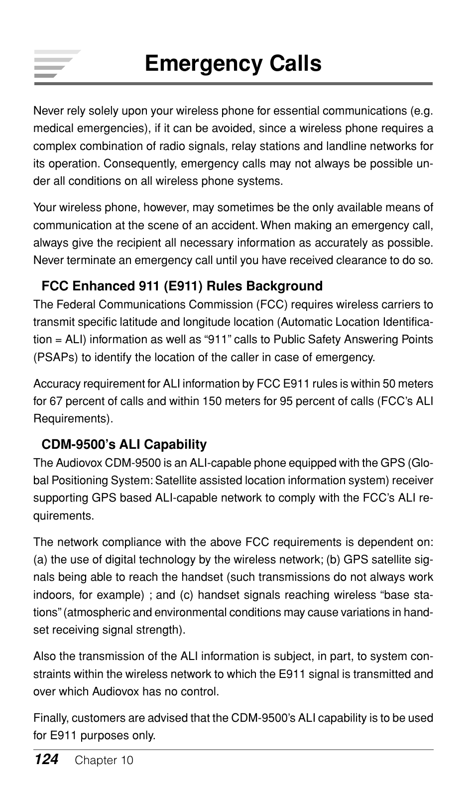 Emergency calls | Audiovox CDM9500 User Manual | Page 125 / 145