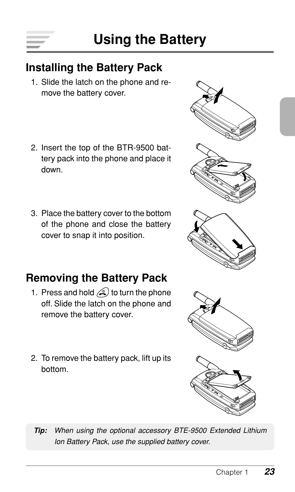 Using the battery, Installing the battery pack, Removing the battery pack | Audiovox CDM9500 User Manual | Page 24 / 145