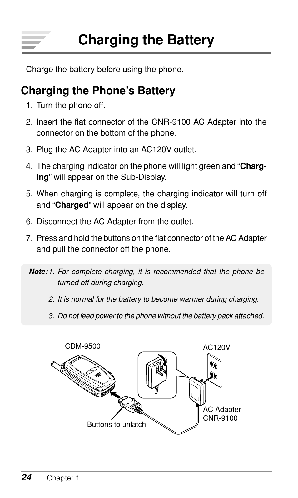 Charging the battery, Charging the phone’s battery | Audiovox CDM9500 User Manual | Page 25 / 145