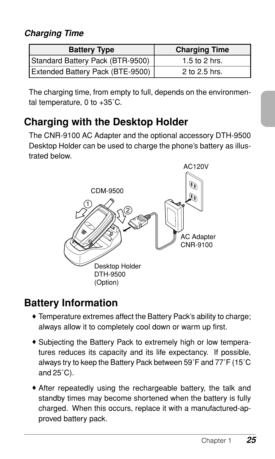 Charging with the desktop holder, Battery information, Charging time | Audiovox CDM9500 User Manual | Page 26 / 145