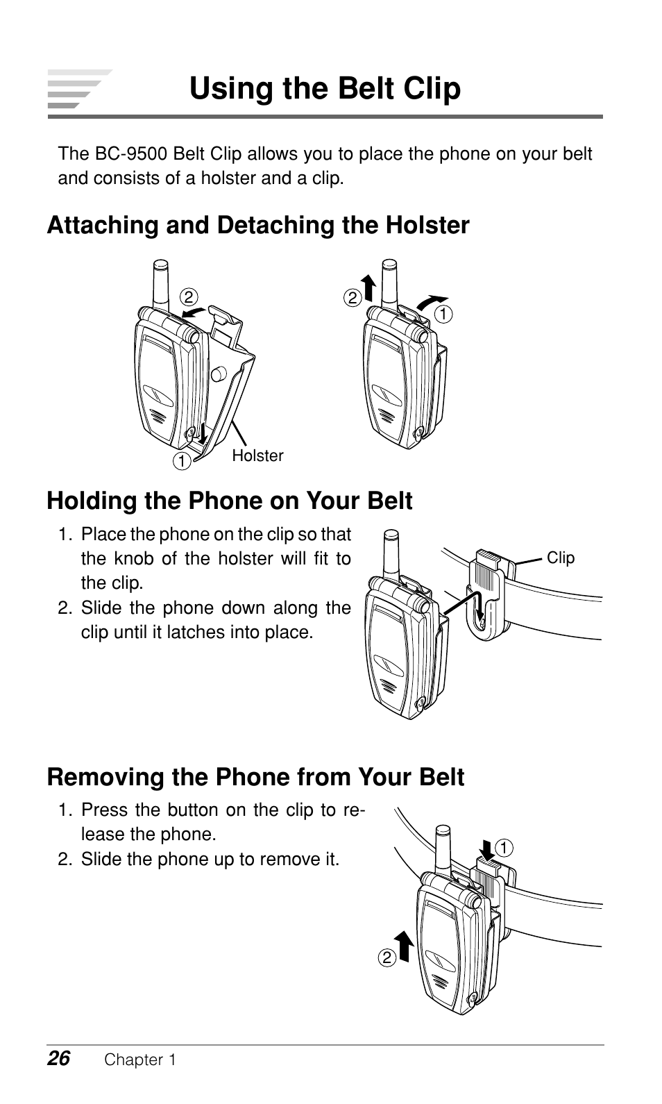 Using the belt clip, Removing the phone from your belt | Audiovox CDM9500 User Manual | Page 27 / 145