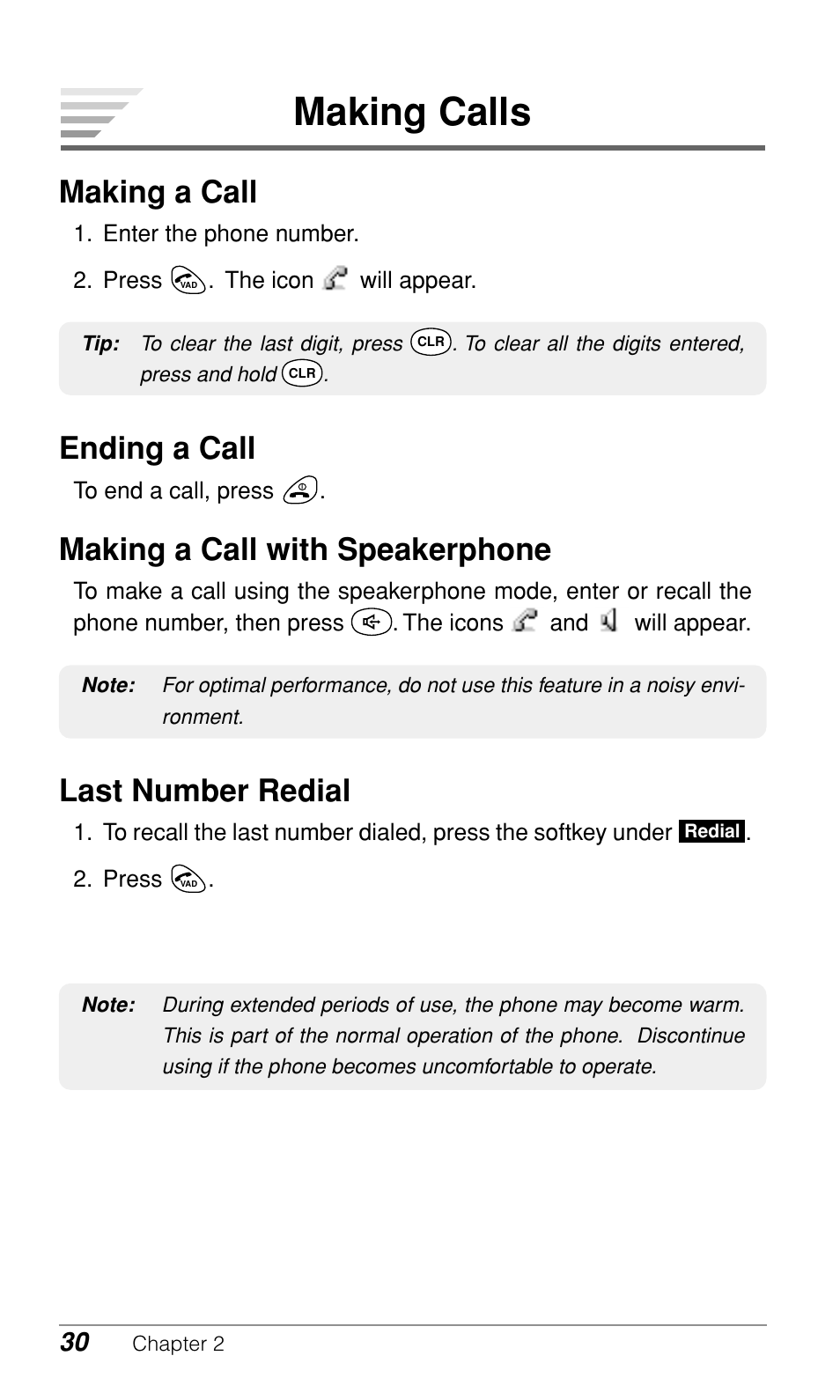 Making calls, Making a call, Ending a call | Making a call with speakerphone, Last number redial | Audiovox CDM9500 User Manual | Page 31 / 145