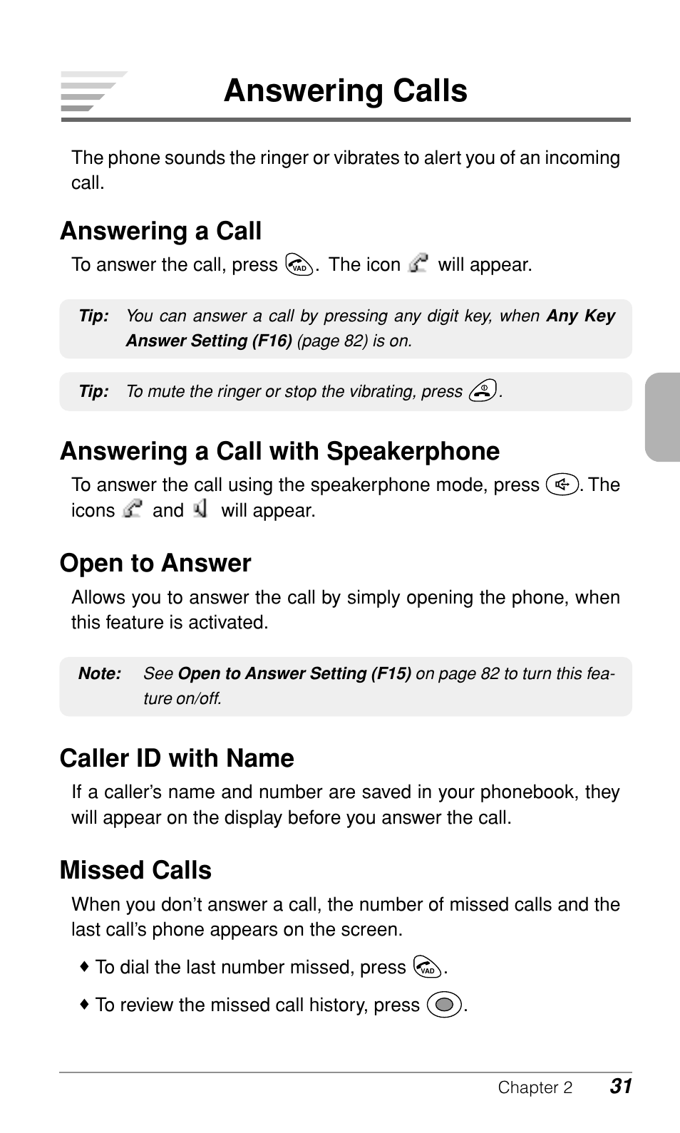 Answering calls, Answering a call, Answering a call with speakerphone | Open to answer, Caller id with name, Missed calls | Audiovox CDM9500 User Manual | Page 32 / 145