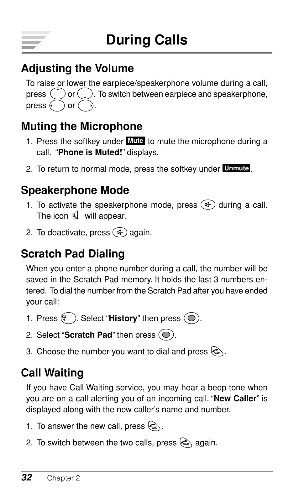 During calls, Adjusting the volume, Muting the microphone | Speakerphone mode, Scratch pad dialing, Call waiting | Audiovox CDM9500 User Manual | Page 33 / 145