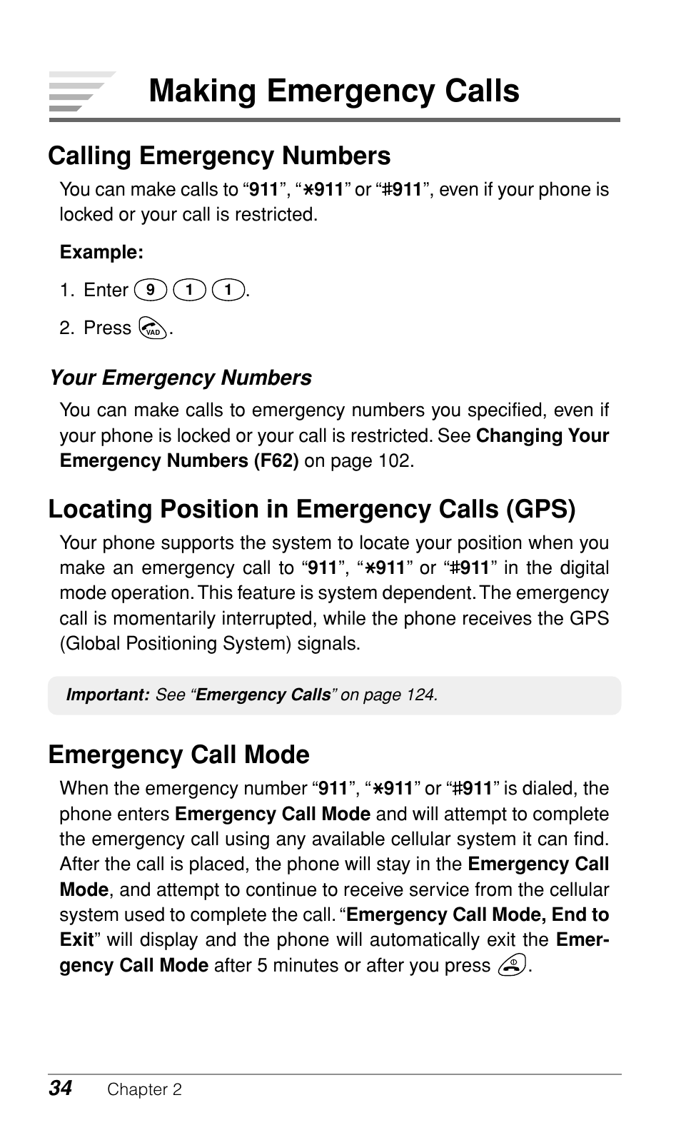 Making emergency calls, Calling emergency numbers, Locating position in emergency calls (gps) | Emergency call mode | Audiovox CDM9500 User Manual | Page 35 / 145