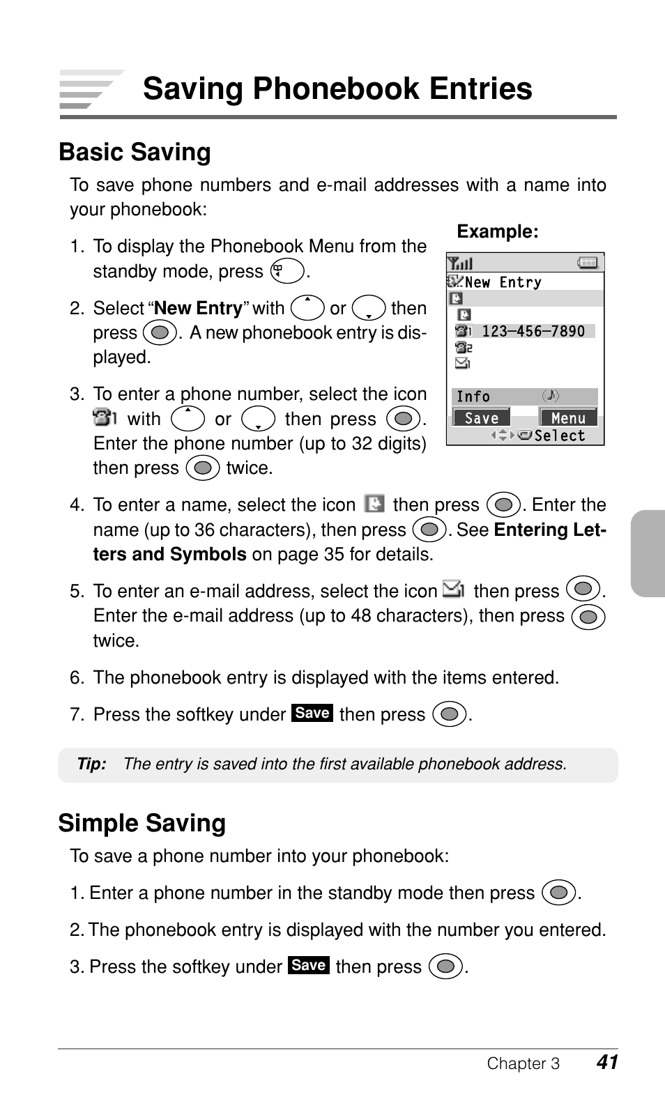Saving phonebook entries, Basic saving, Simple saving | Audiovox CDM9500 User Manual | Page 42 / 145