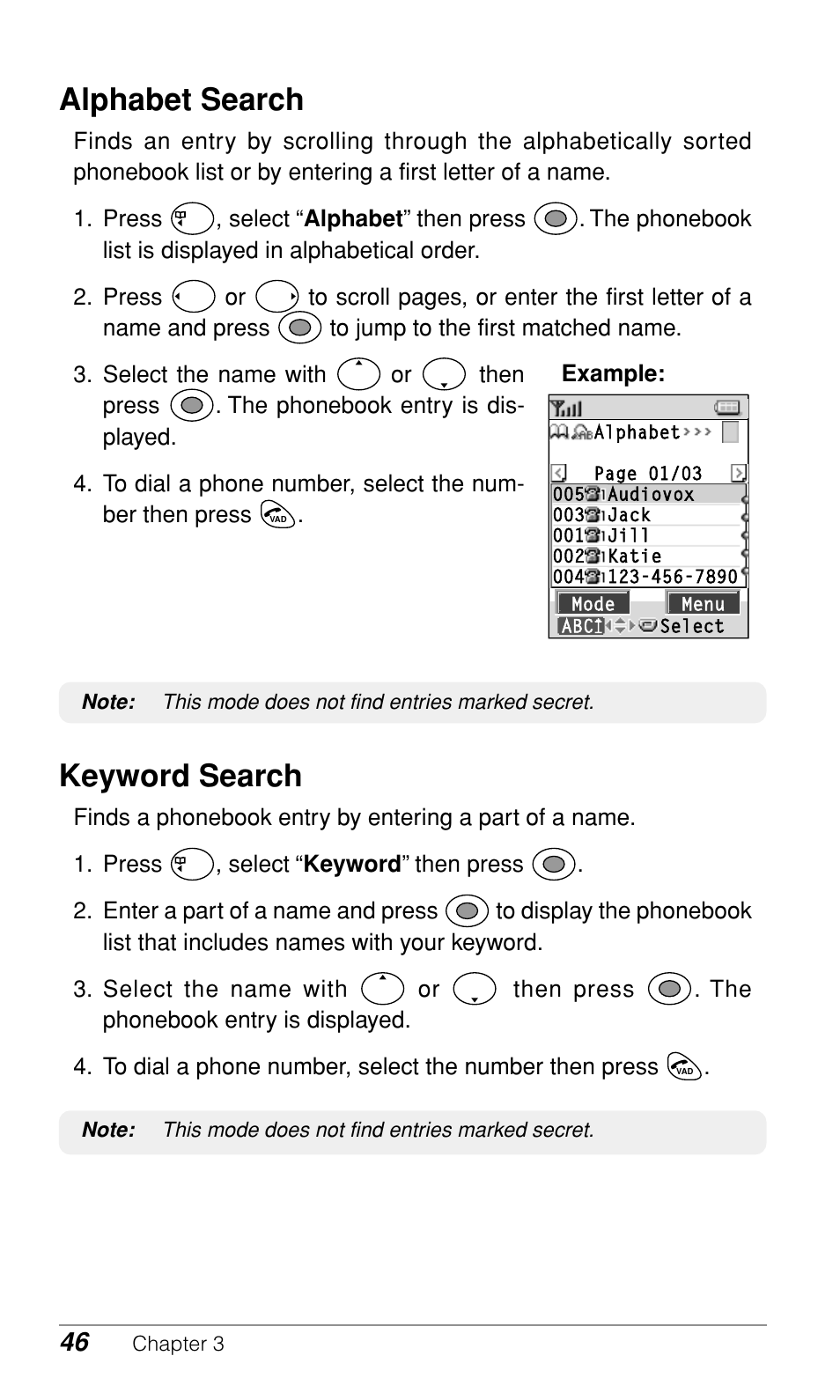 Alphabet search, Keyword search | Audiovox CDM9500 User Manual | Page 47 / 145