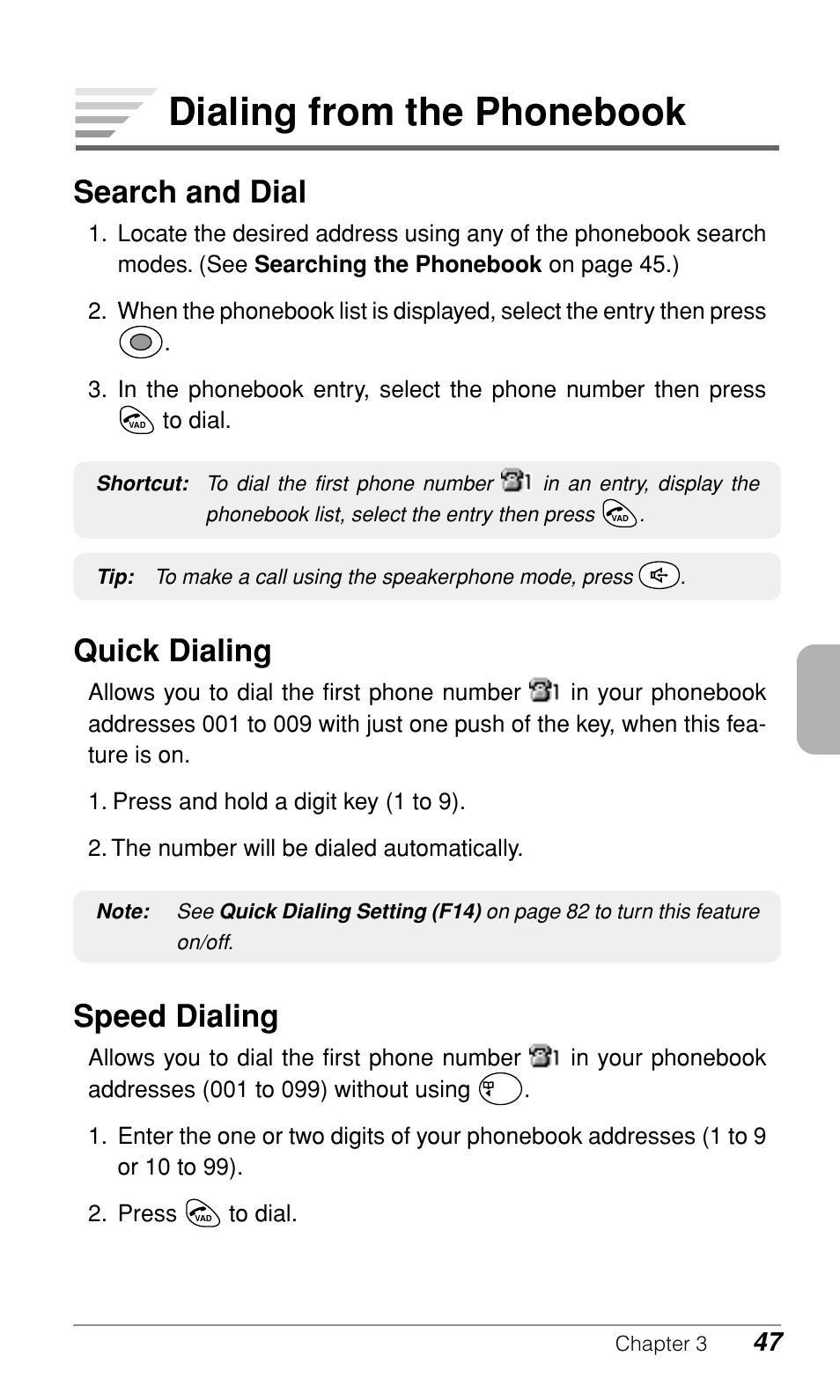 Dialing from the phonebook, Search and dial, Quick dialing | Speed dialing | Audiovox CDM9500 User Manual | Page 48 / 145