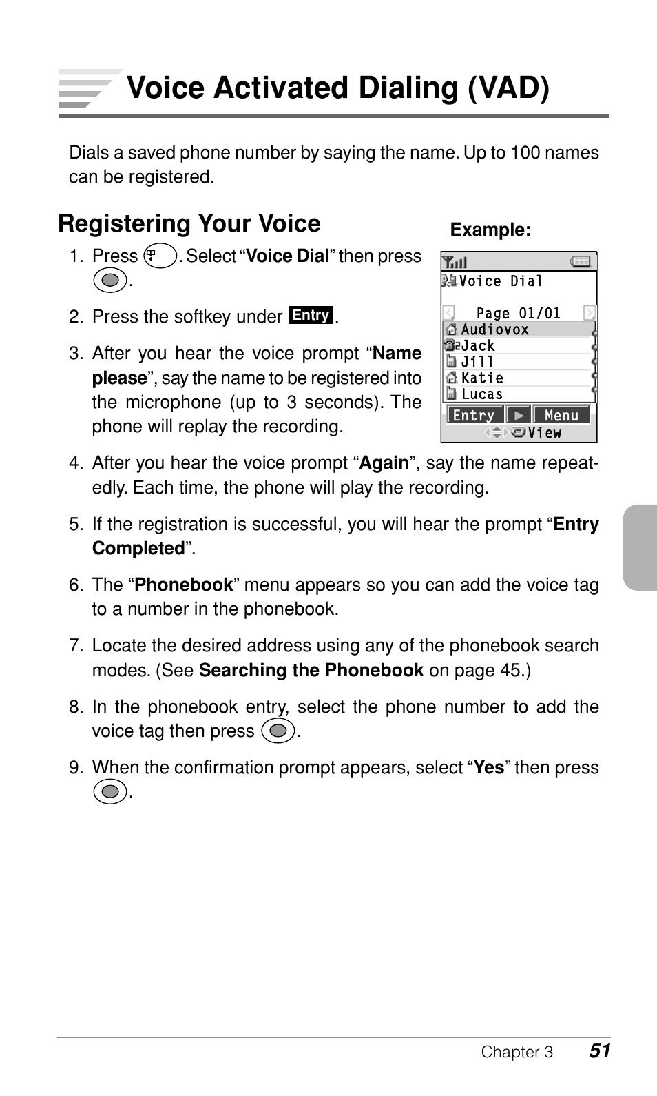 Voice activated dialing (vad), Registering your voice | Audiovox CDM9500 User Manual | Page 52 / 145