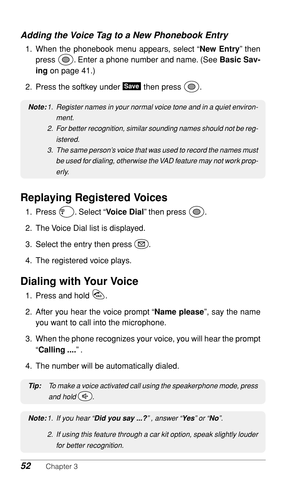 Replaying registered voices, Dialing with your voice, Adding the voice tag to a new phonebook entry | Audiovox CDM9500 User Manual | Page 53 / 145