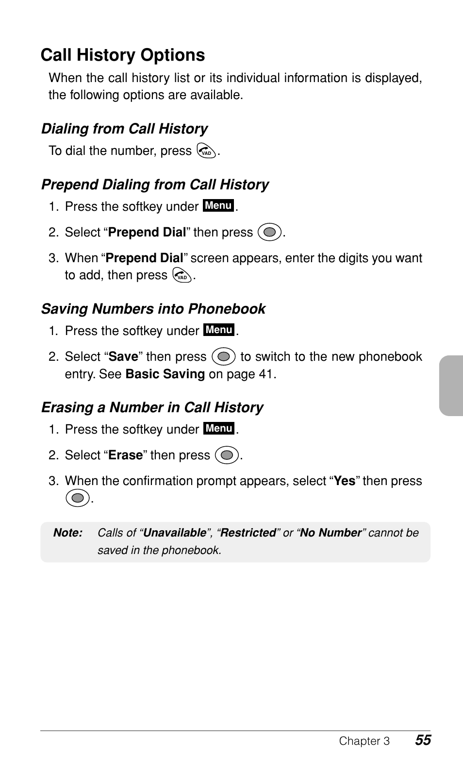Call history options, Dialing from call history, Prepend dialing from call history | Saving numbers into phonebook, Erasing a number in call history | Audiovox CDM9500 User Manual | Page 56 / 145