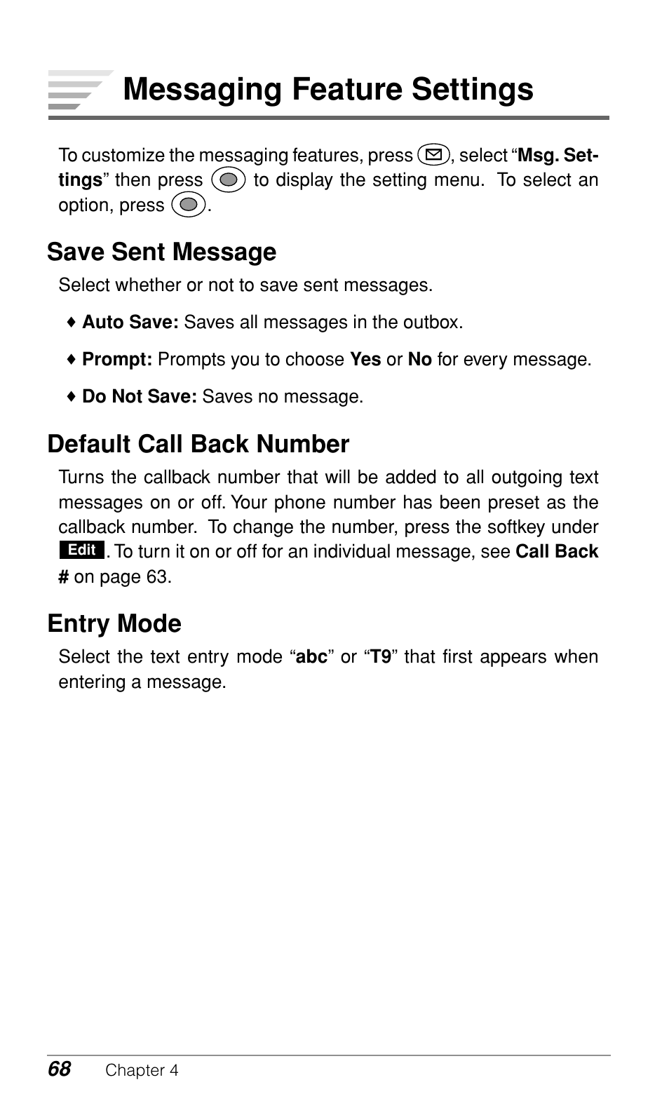 Messaging feature settings, Save sent message, Default call back number | Entry mode | Audiovox CDM9500 User Manual | Page 69 / 145