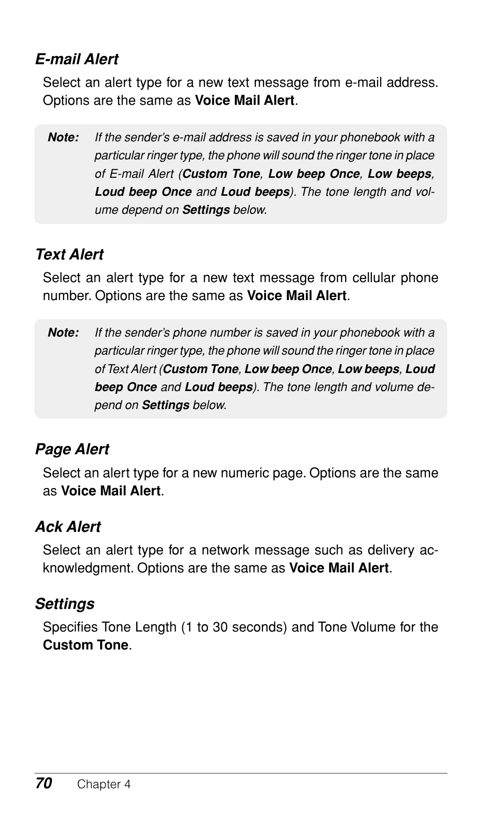 70 e-mail alert, Text alert, Page alert | Ack alert, Settings | Audiovox CDM9500 User Manual | Page 71 / 145