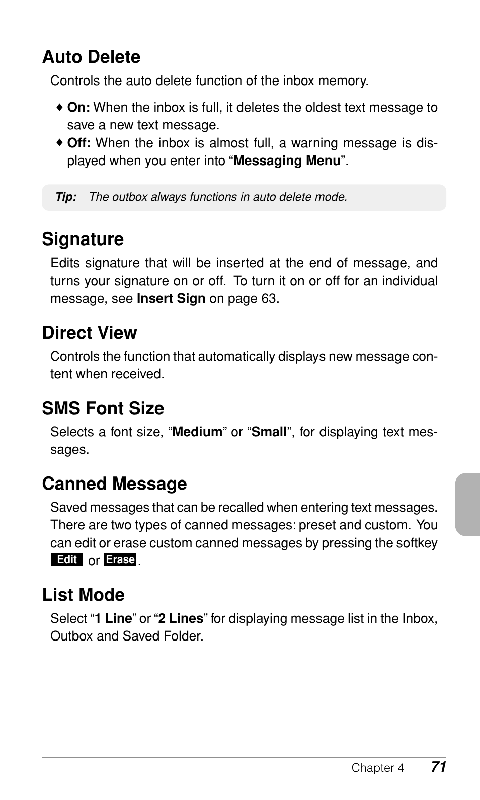 Auto delete, Signature, Direct view | Sms font size, Canned message, List mode | Audiovox CDM9500 User Manual | Page 72 / 145