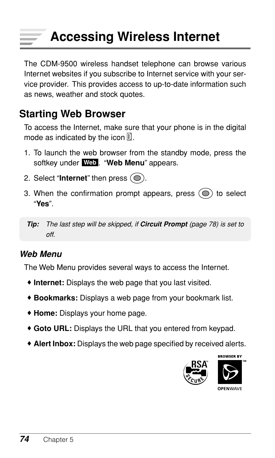 Accessing wireless internet, Starting web browser | Audiovox CDM9500 User Manual | Page 75 / 145