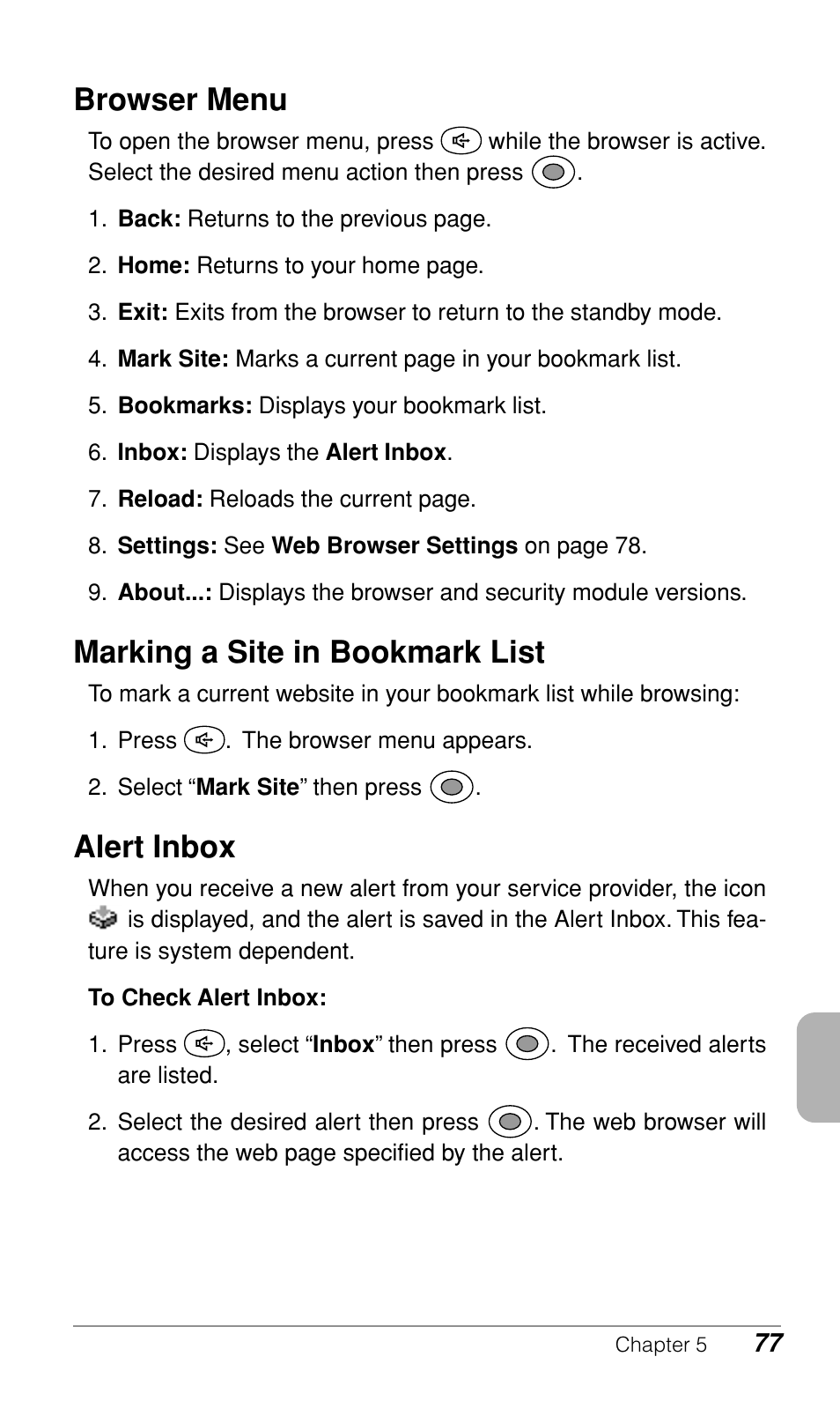 Browser menu, Marking a site in bookmark list, Alert inbox | Audiovox CDM9500 User Manual | Page 78 / 145