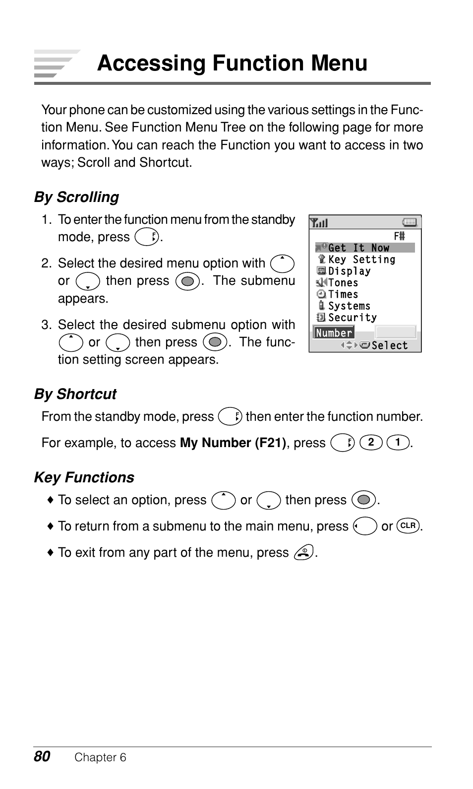 Accessing function menu, By scrolling, By shortcut | Key functions | Audiovox CDM9500 User Manual | Page 81 / 145