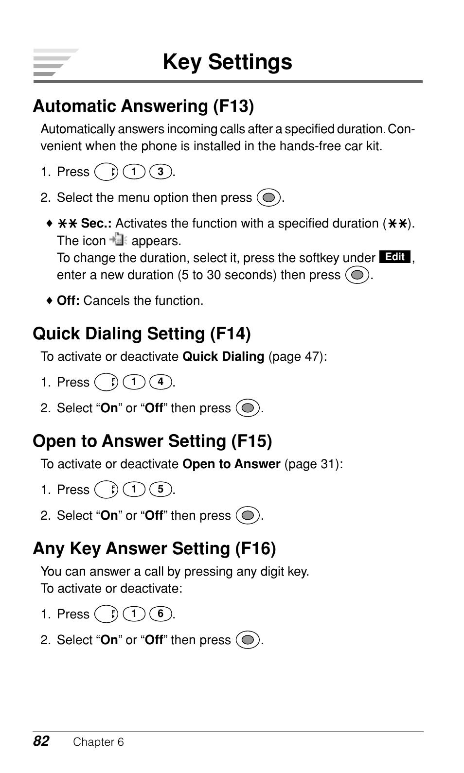 Key settings, Automatic answering (f13), Quick dialing setting (f14) | Open to answer setting (f15), Any key answer setting (f16) | Audiovox CDM9500 User Manual | Page 83 / 145
