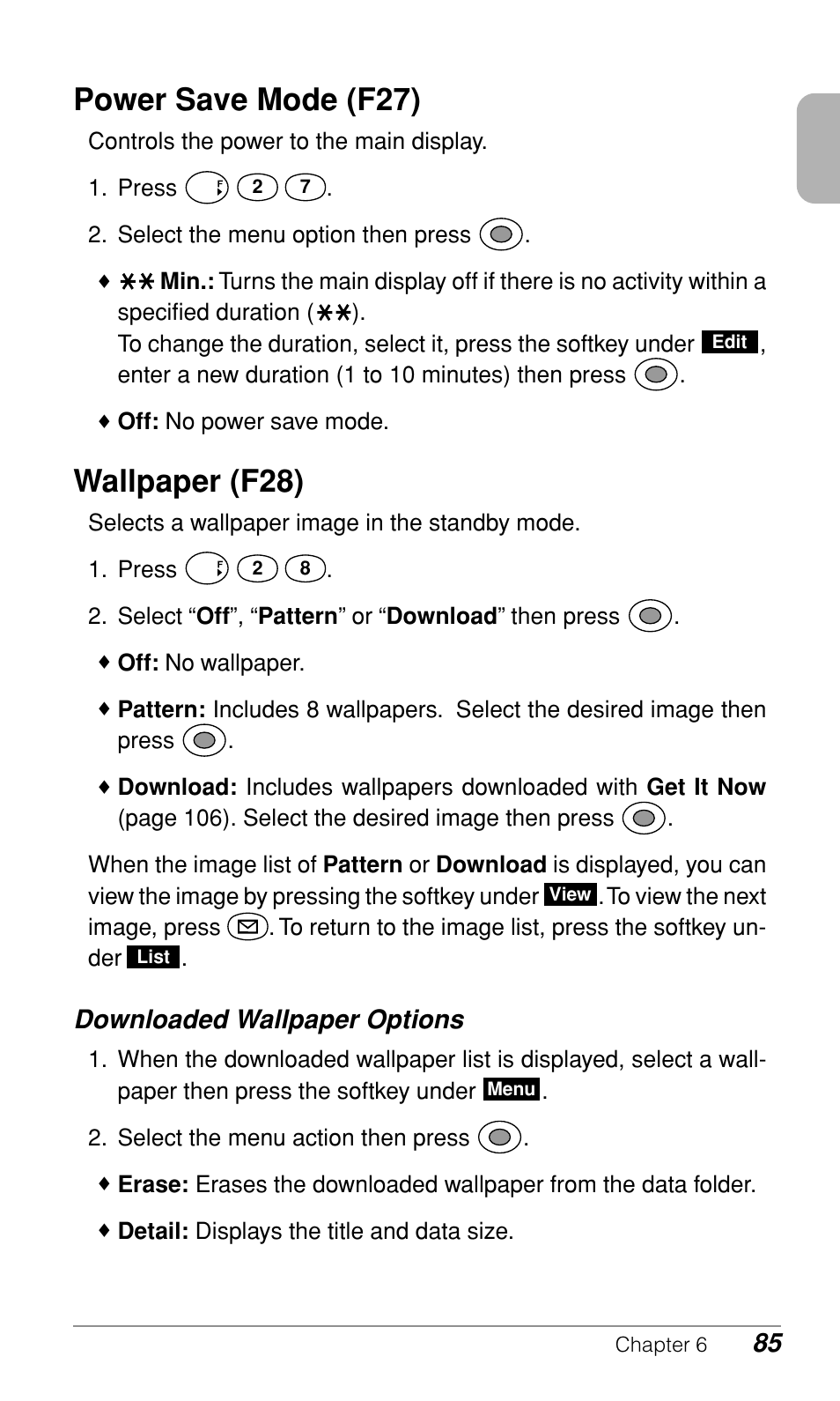 Power save mode (f27), Wallpaper (f28), Downloaded wallpaper options | Audiovox CDM9500 User Manual | Page 86 / 145