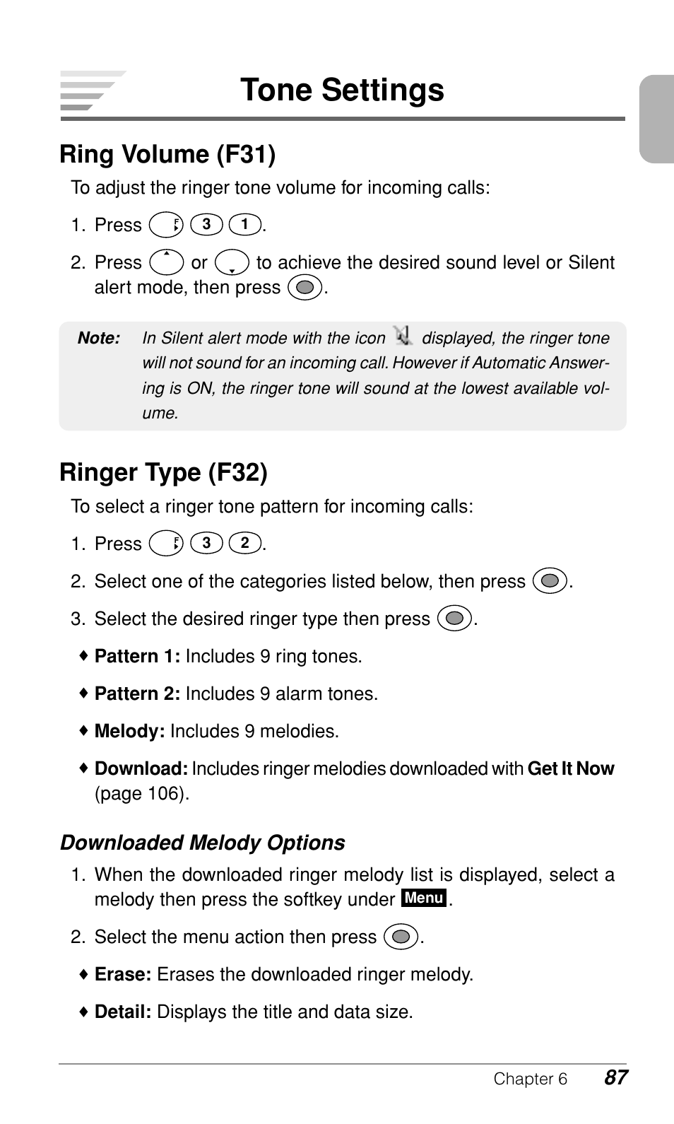 Tone settings, Ring volume (f31), Ringer type (f32) | Downloaded melody options | Audiovox CDM9500 User Manual | Page 88 / 145