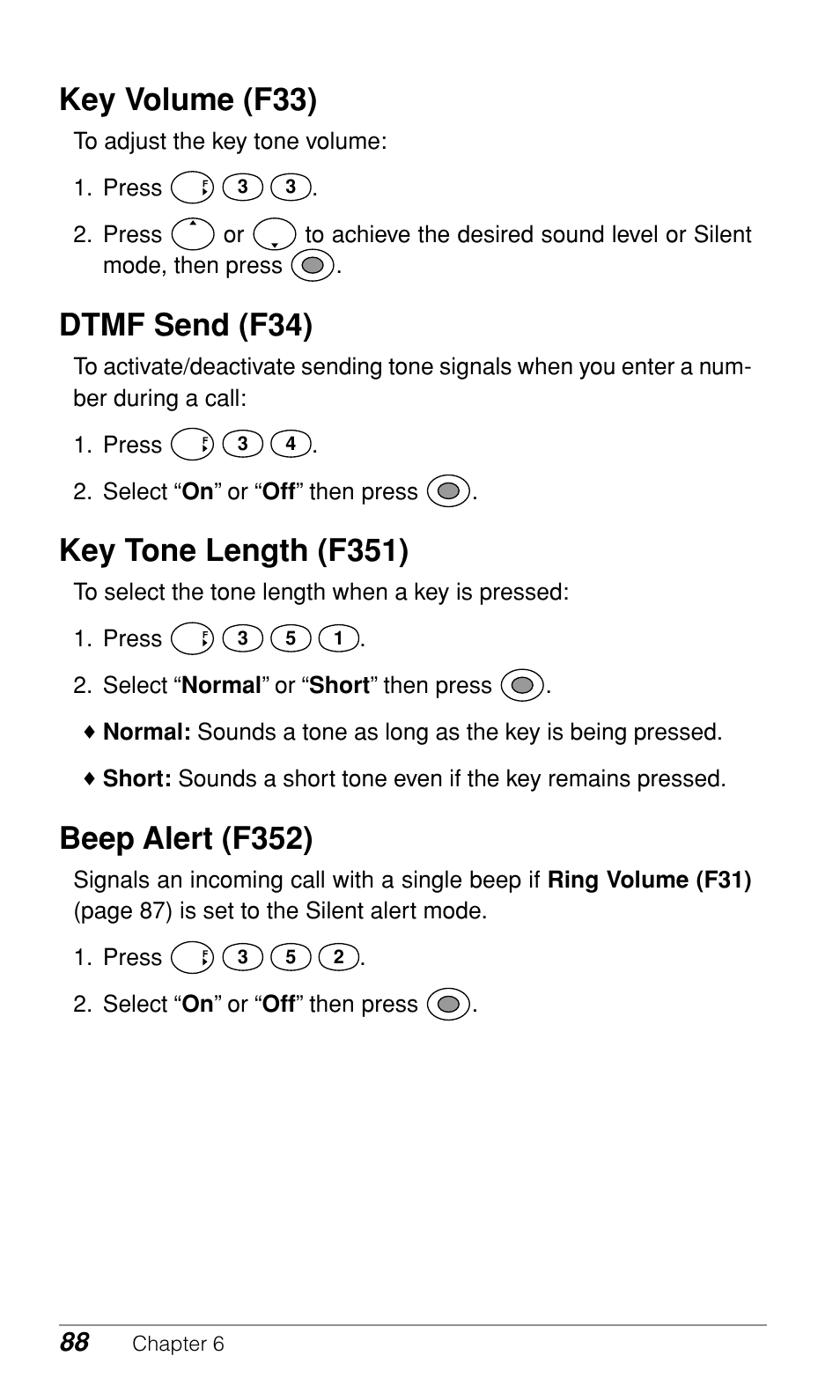 Key volume (f33), Dtmf send (f34), Key tone length (f351) | Beep alert (f352) | Audiovox CDM9500 User Manual | Page 89 / 145