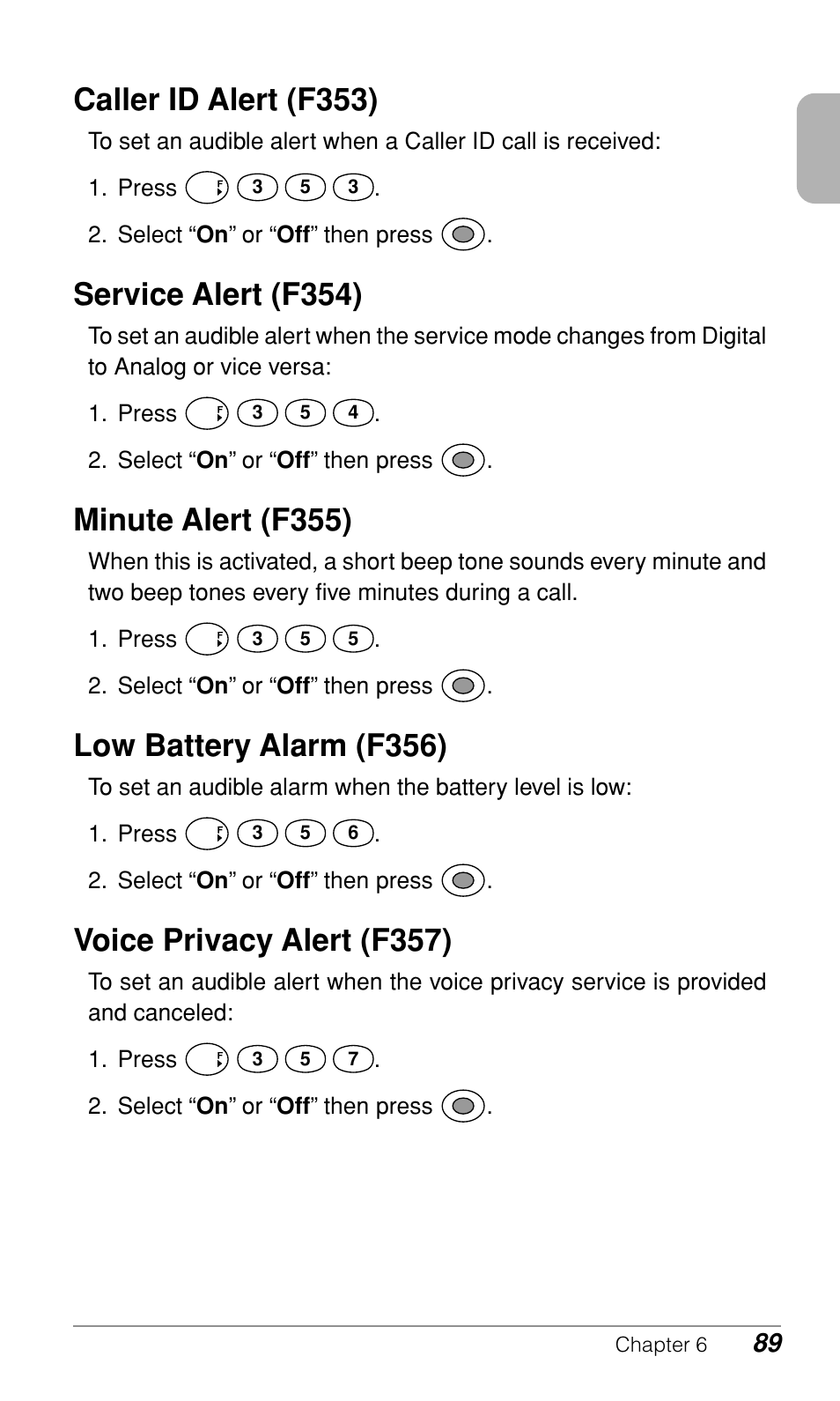 Caller id alert (f353), Service alert (f354), Minute alert (f355) | Low battery alarm (f356), Voice privacy alert (f357) | Audiovox CDM9500 User Manual | Page 90 / 145