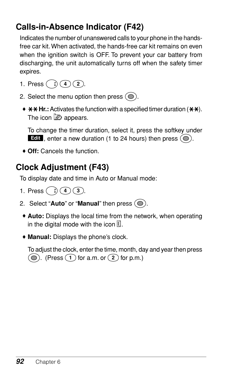 Calls-in-absence indicator (f42), Clock adjustment (f43) | Audiovox CDM9500 User Manual | Page 93 / 145
