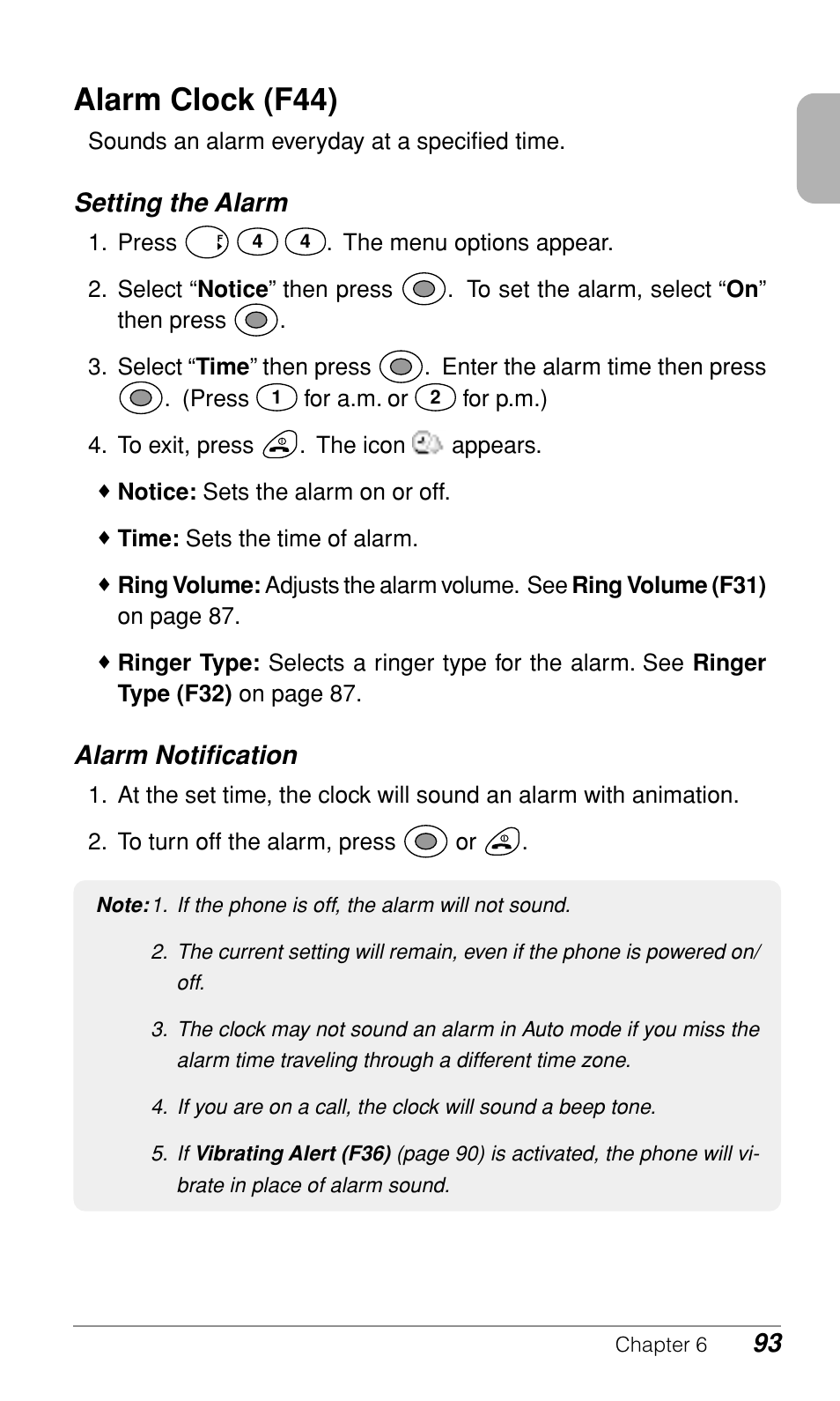 Alarm clock (f44), Setting the alarm, Alarm notification | Audiovox CDM9500 User Manual | Page 94 / 145