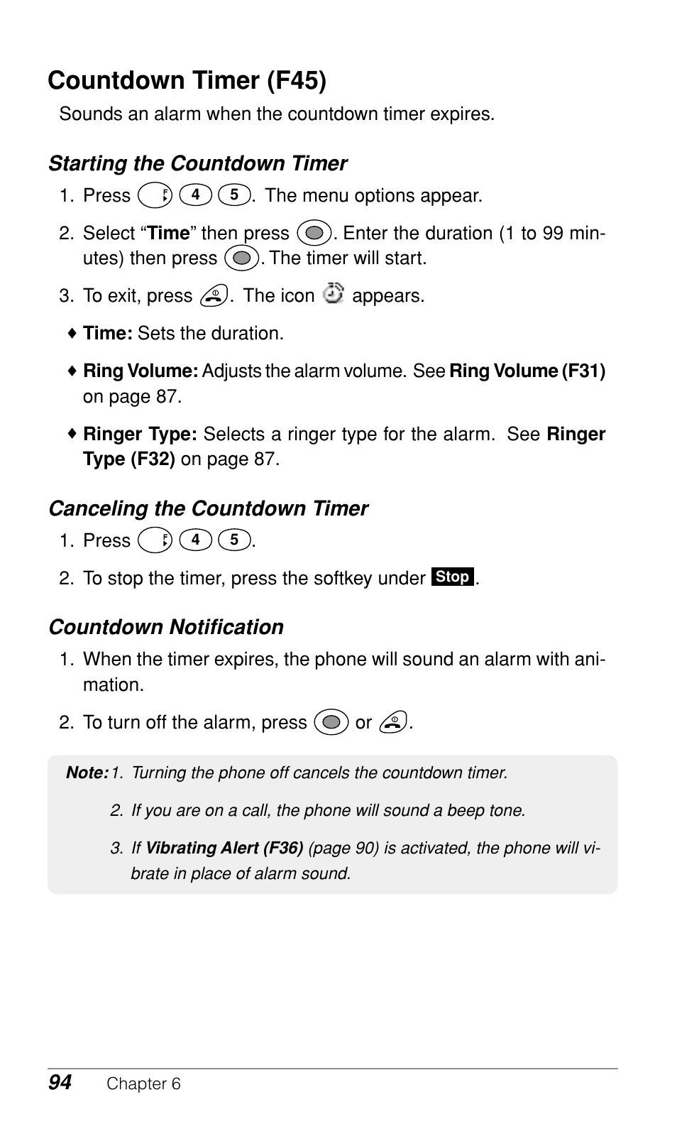 Countdown timer (f45), Starting the countdown timer, Canceling the countdown timer | Countdown notification | Audiovox CDM9500 User Manual | Page 95 / 145